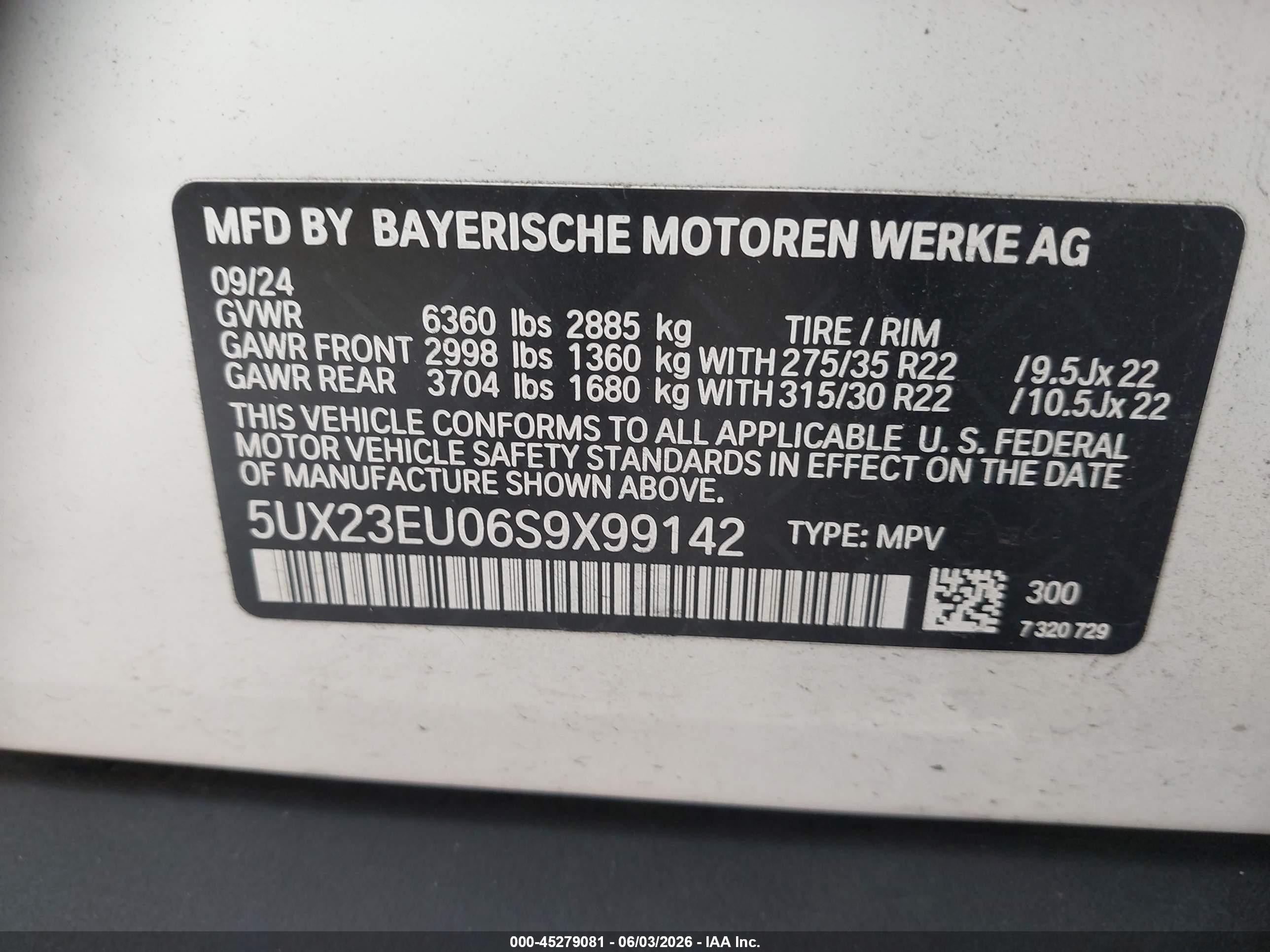 2025 BMW X5 VIN 5UX23EU06S9X99142 IAAI salvage auction — Rear End, Rebuildable (Florida), sold $42,100 on 2026-07-06 (photo 9)