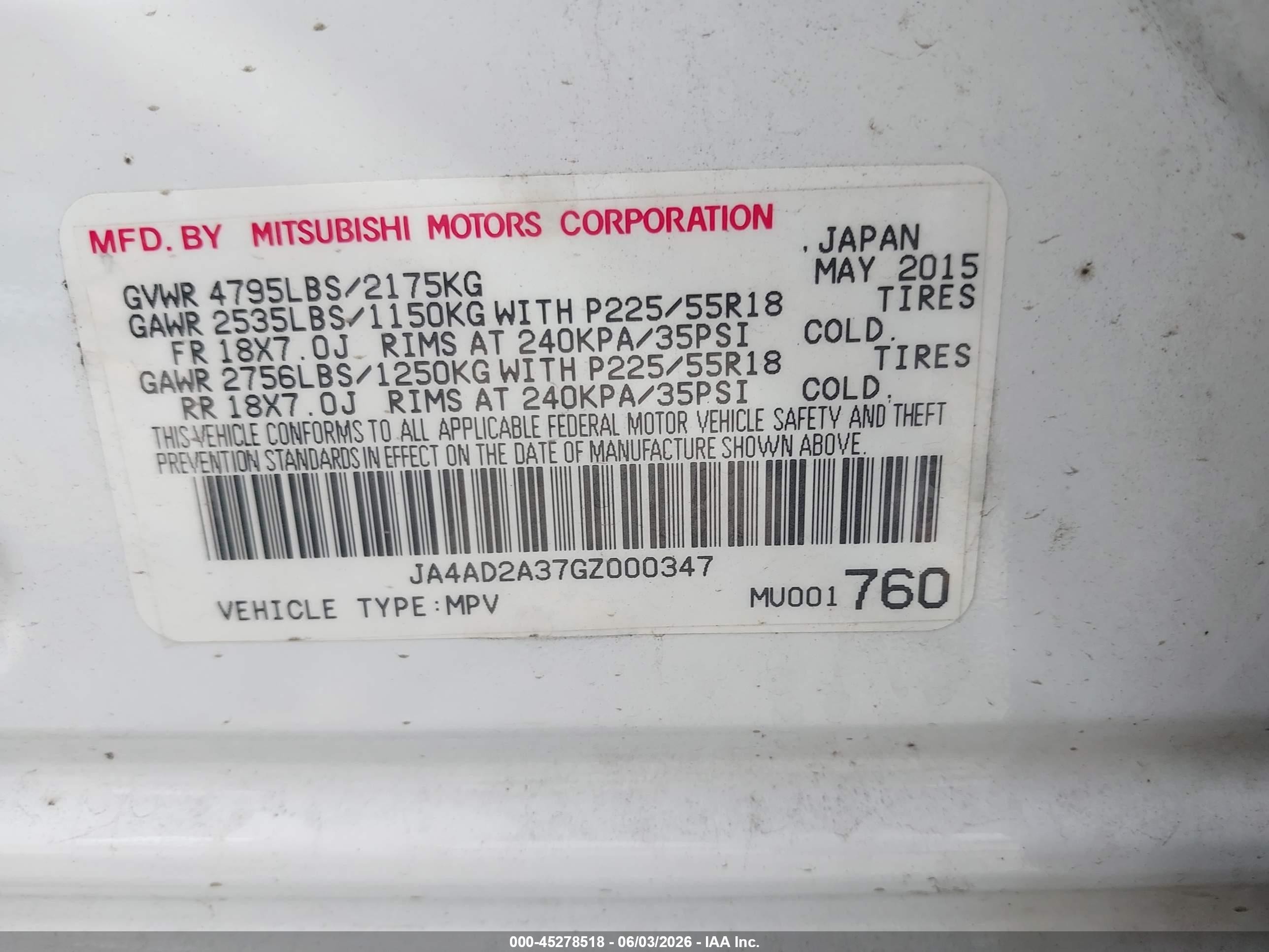 2016 Mitsubishi Outlander VIN JA4AD2A37GZ000347 IAAI salvage auction — Front End, Salvage (California), sold $1,275 on 2026-07-05 (photo 9)