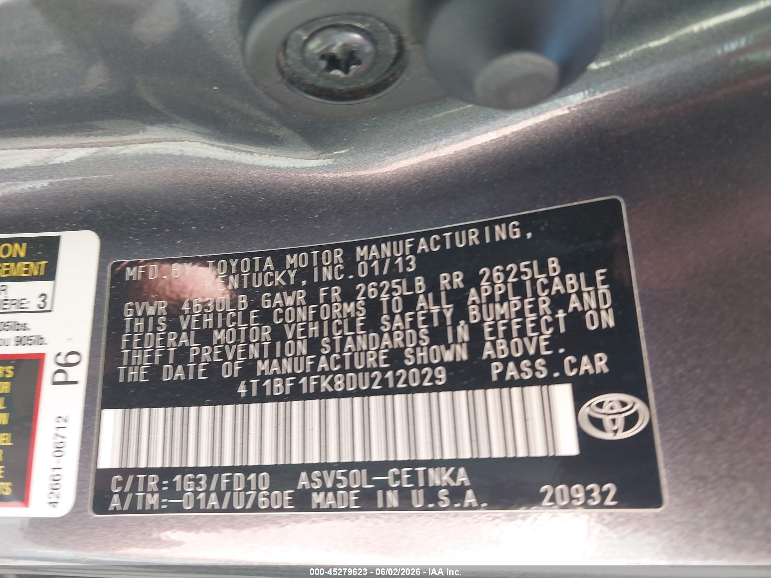 2013 Toyota Camry VIN 4T1BF1FK8DU212029 IAAI salvage auction — Side, Salvage (Utah), sold $1,900 on 2026-07-09 (photo 9)