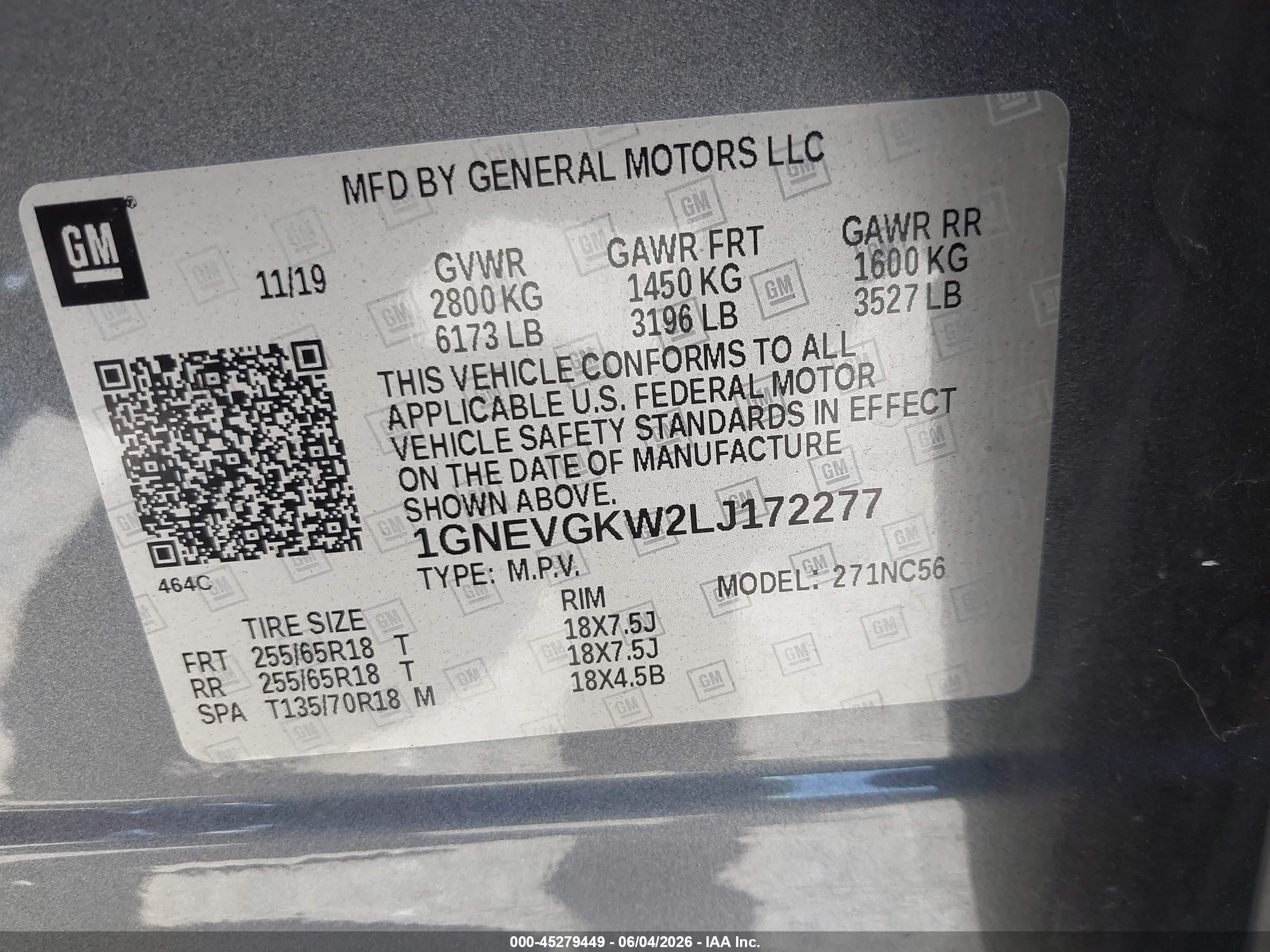 2020 Chevrolet Traverse VIN 1GNEVGKW2LJ172277 IAAI salvage auction — Transmission Damage, Clear (California), sold $5,550 on 2026-07-09 (photo 9)