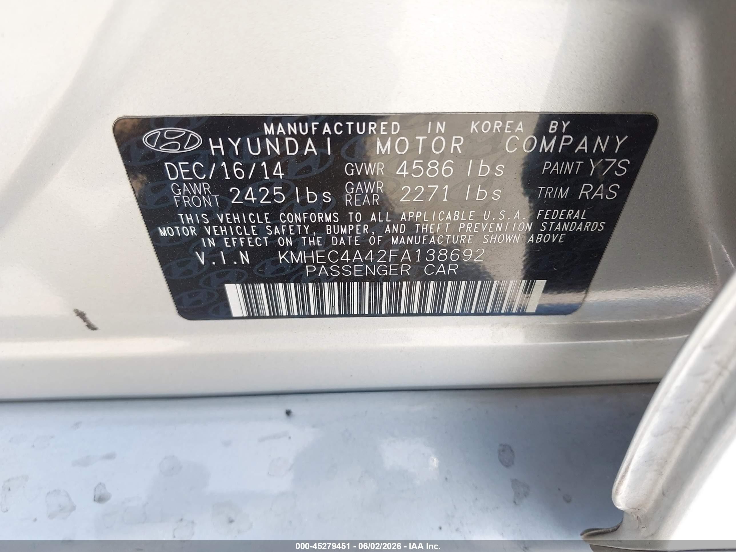 2015 Hyundai Sonata Hybrid VIN KMHEC4A42FA138692 IAAI salvage auction — Rear End, Salvage (California), sold $900 on 2026-07-08 (photo 9)