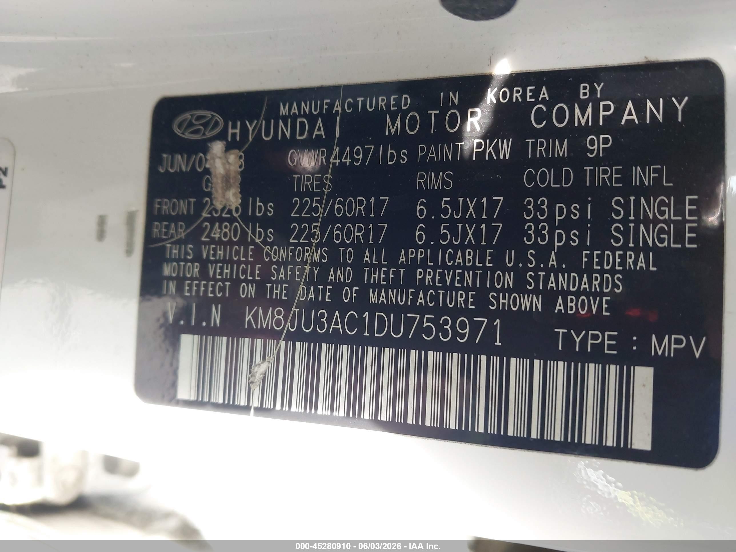 2013 Hyundai Tucson VIN KM8JU3AC1DU753971 IAAI salvage auction — Front & Rear, Salvage Certificate (California), sold $1,750 on 2026-07-10 (photo 9)