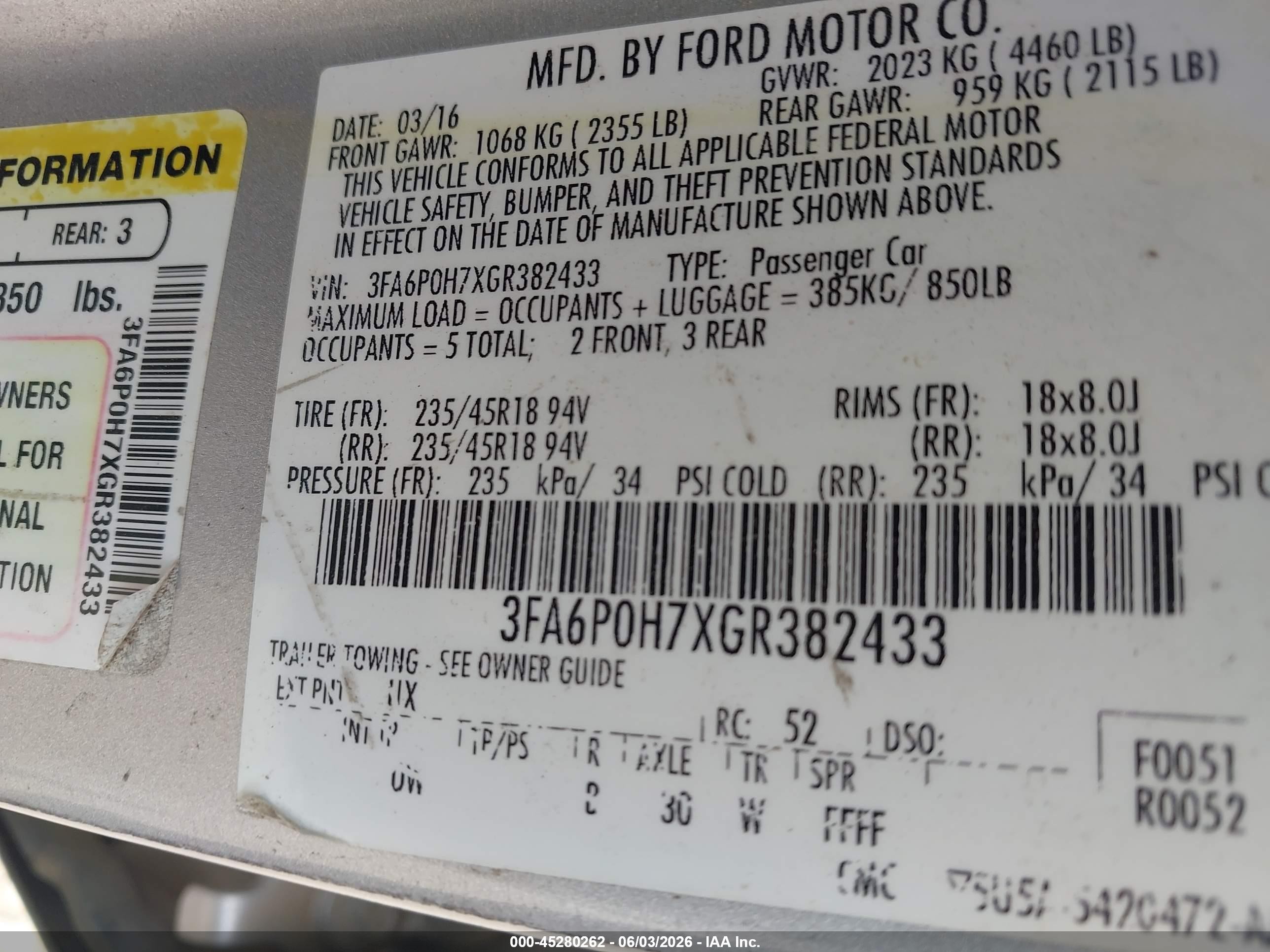 2016 Ford Fusion VIN 3FA6P0H7XGR382433 IAAI salvage auction — Unknown, Original (Texas), sold $1,100 on 2026-07-10 (photo 9)