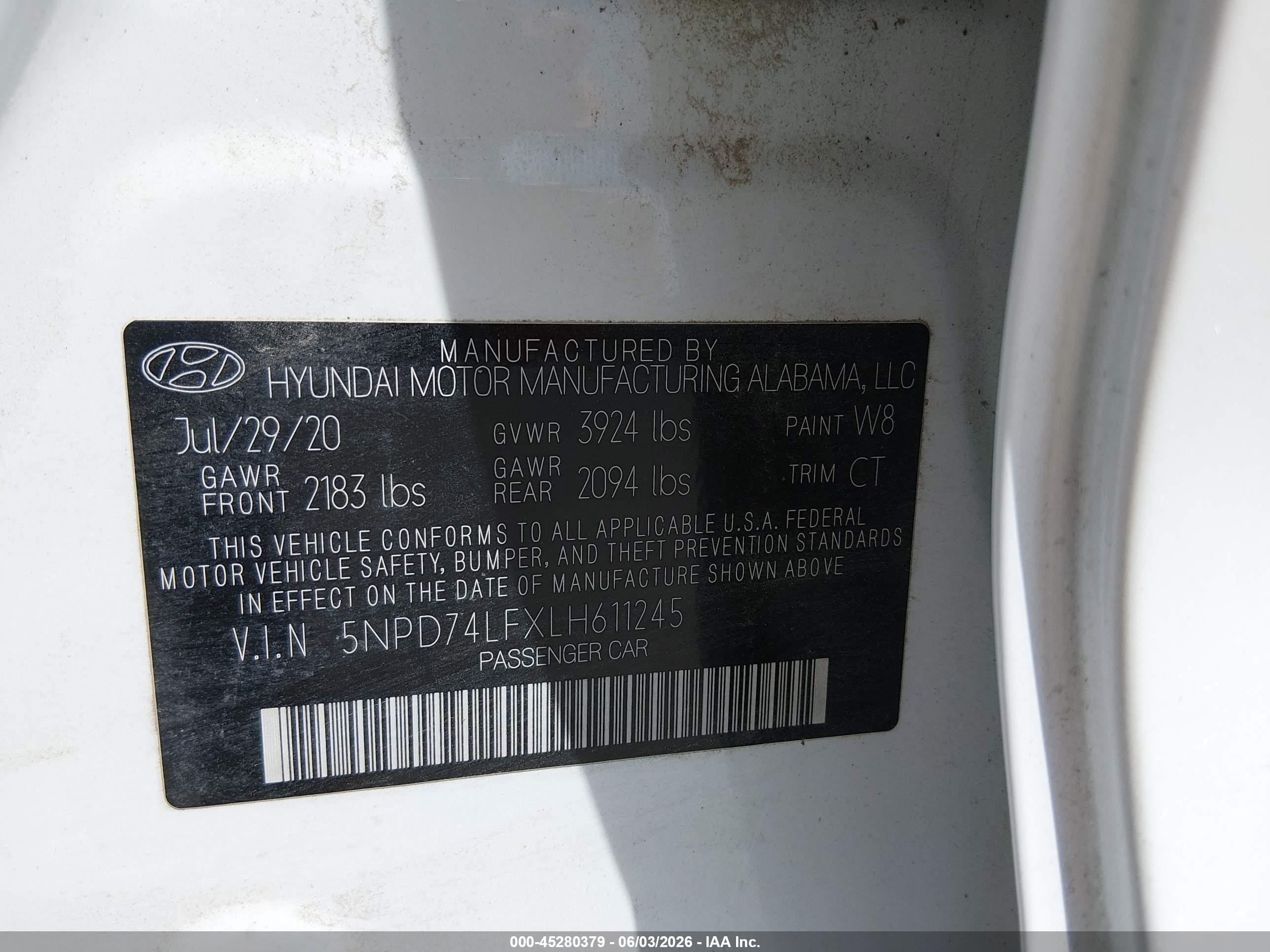 2020 Hyundai Elantra VIN 5NPD74LFXLH611245 IAAI salvage auction — Normal Wear, Sf97 (Missouri), sold $10,900 on 2026-07-09 (photo 9)