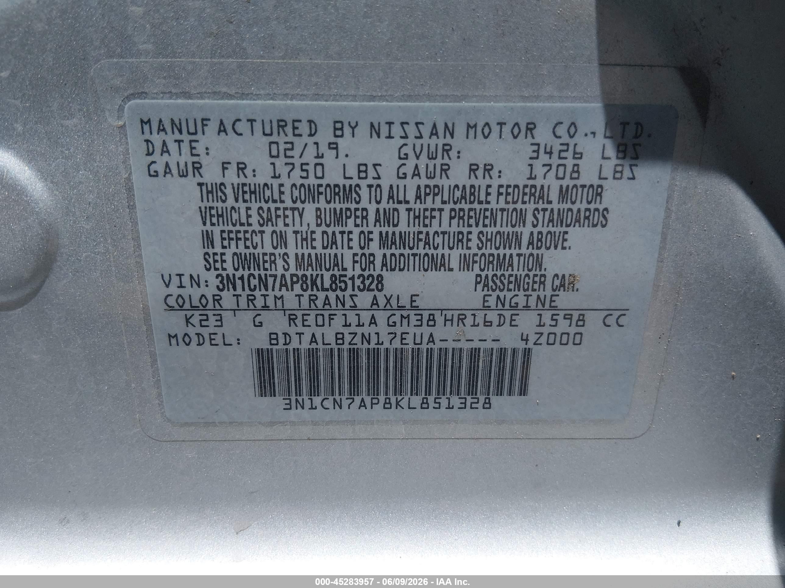 2019 Nissan Versa VIN 3N1CN7AP8KL851328 IAAI salvage auction — Front & Rear, Salvage (Arizona), sold $1,550 on 2026-07-09 (photo 9)