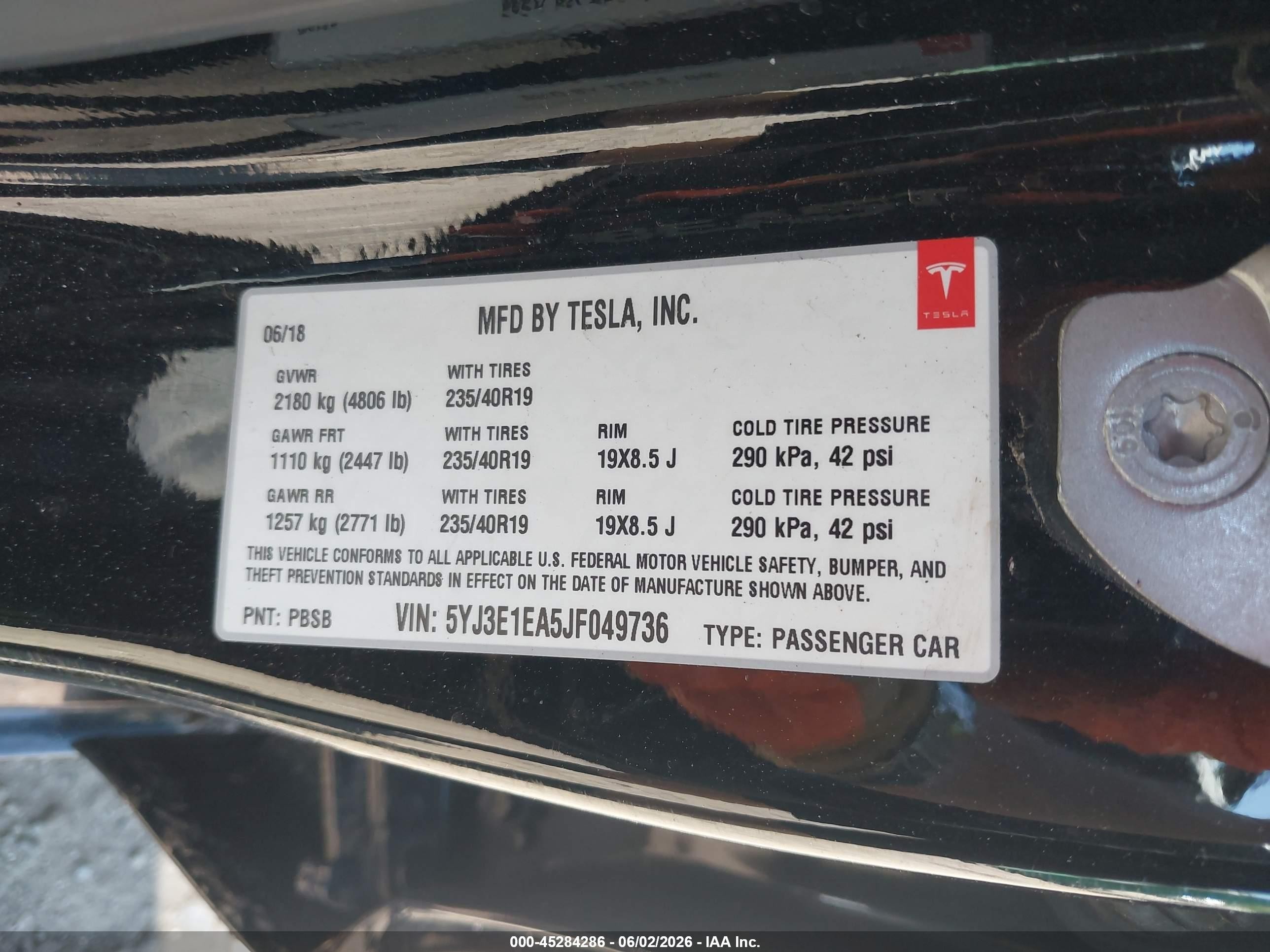 2018 Tesla Model 3 VIN 5YJ3E1EA5JF049736 IAAI salvage auction — Normal Wear, Clear (New York), sold $1,600 on 2026-06-30 (photo 9)