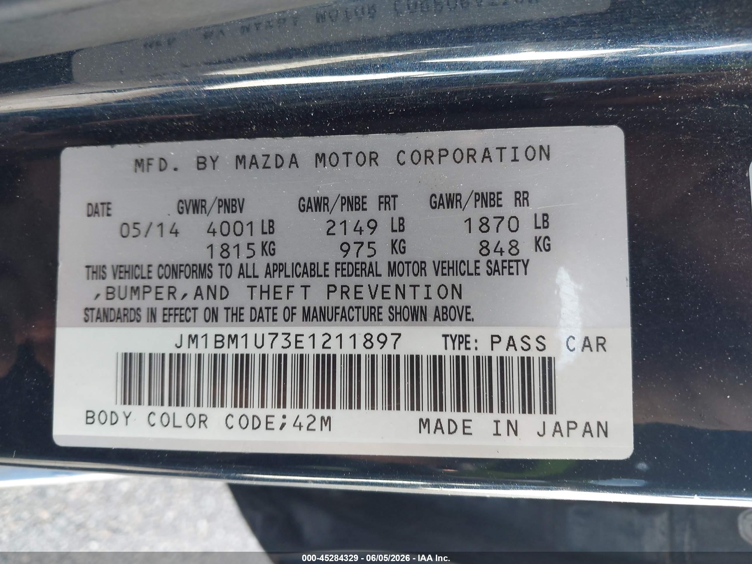 2014 Mazda 3 VIN JM1BM1U73E1211897 IAAI salvage auction — Front End, Certificate Of Title (Nebraska), sold $1,750 on 2026-09-23 (photo 9)