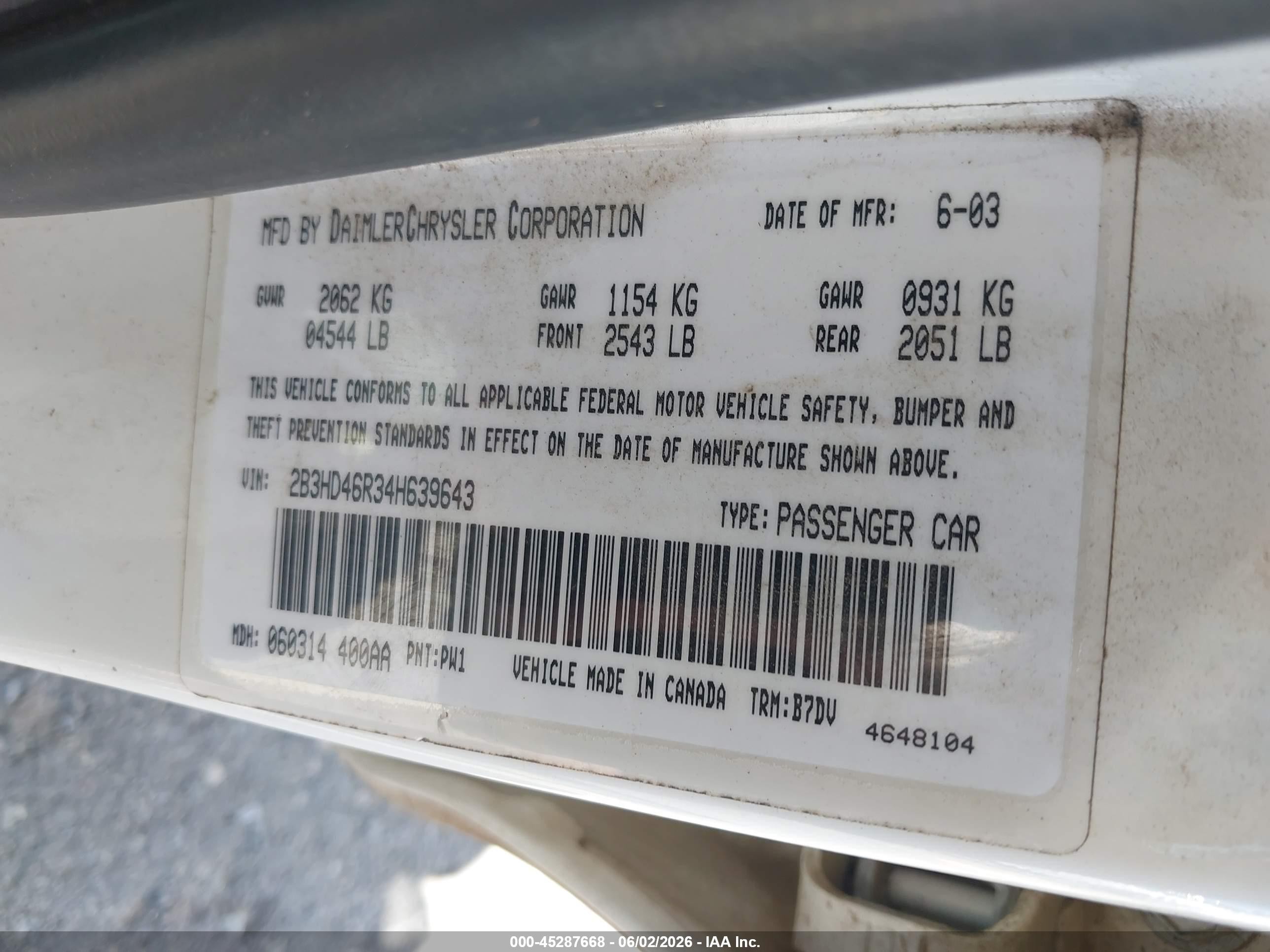 2004 Dodge Intrepid VIN 2B3HD46R34H639643 IAAI salvage auction — Front End, Salvage (Oregon), sold $100 on 2026-07-09 (photo 9)