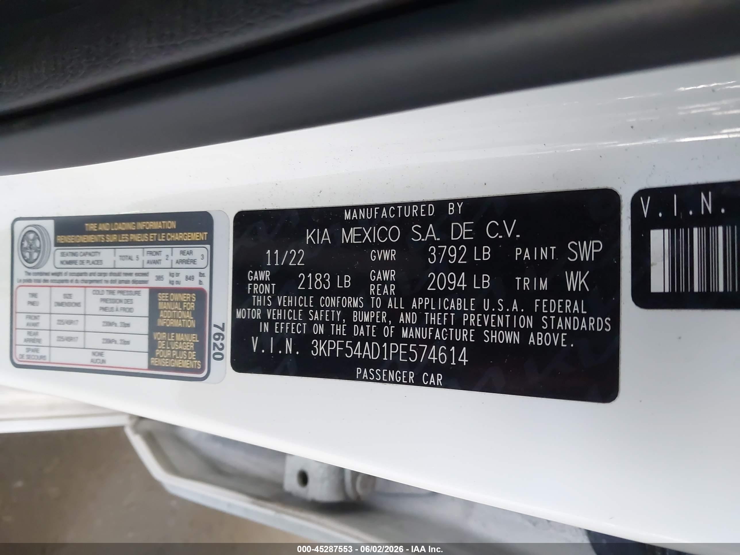 2023 Kia Forte VIN 3KPF54AD1PE574614 IAAI salvage auction — Unknown, Salvage (California), sold $5,200 on 2026-07-09 (photo 9)