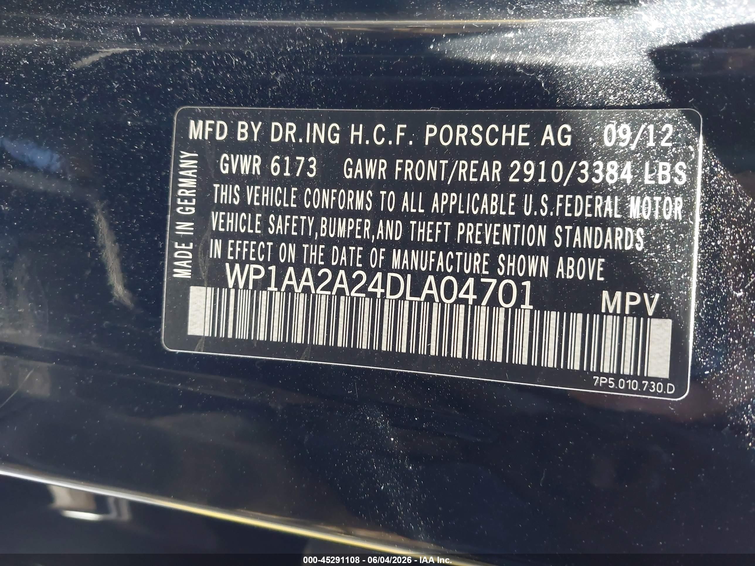 2013 Porsche Cayenne VIN WP1AA2A24DLA04701 IAAI salvage auction — Unknown, Salvage (California), sold $2,650 on 2026-07-09 (photo 9)