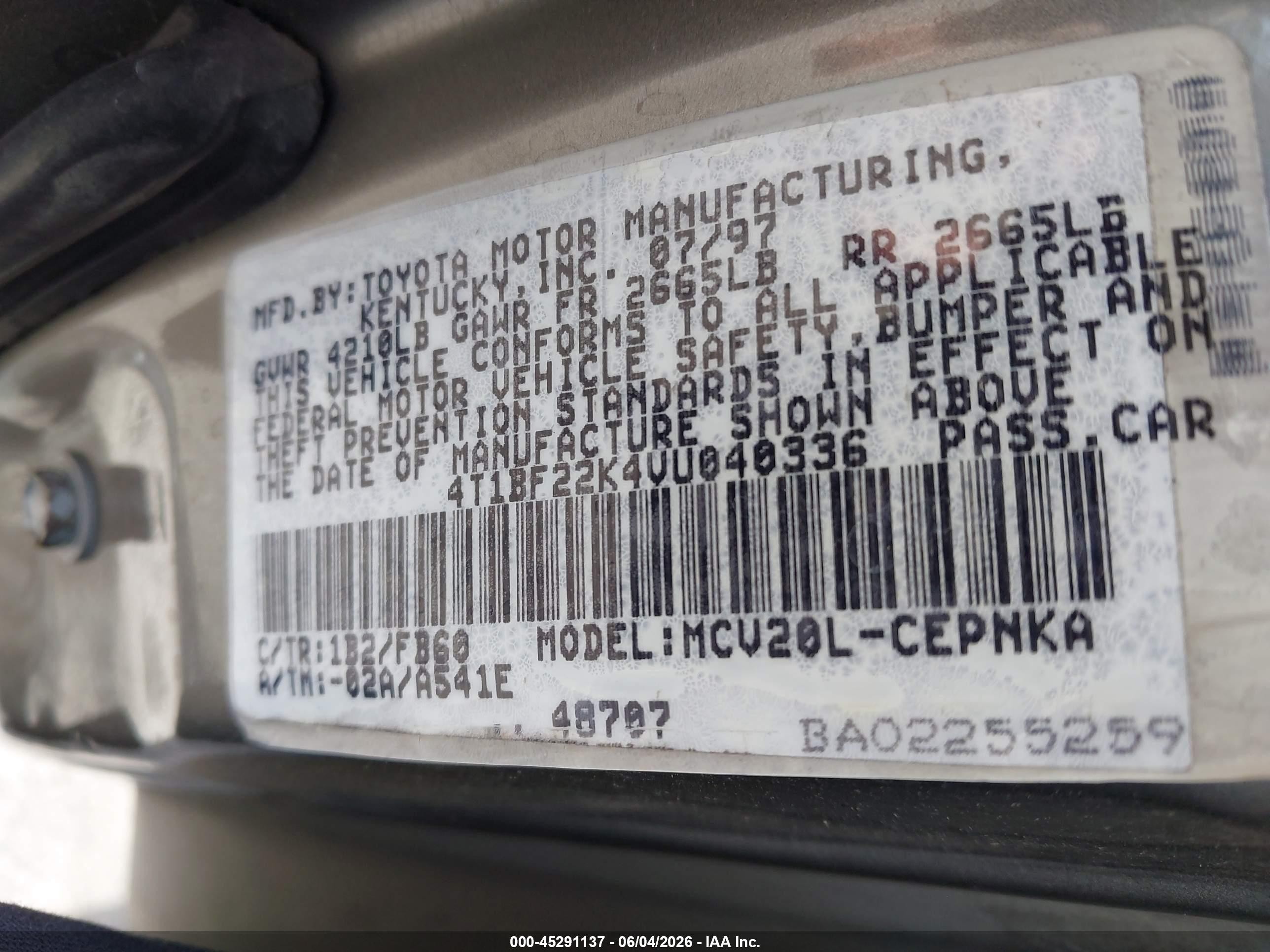 1997 Toyota Camry VIN 4T1BF22K4VU040336 IAAI salvage auction — Side, Salvage (Arizona), sold $275 on 2026-07-09 (photo 9)