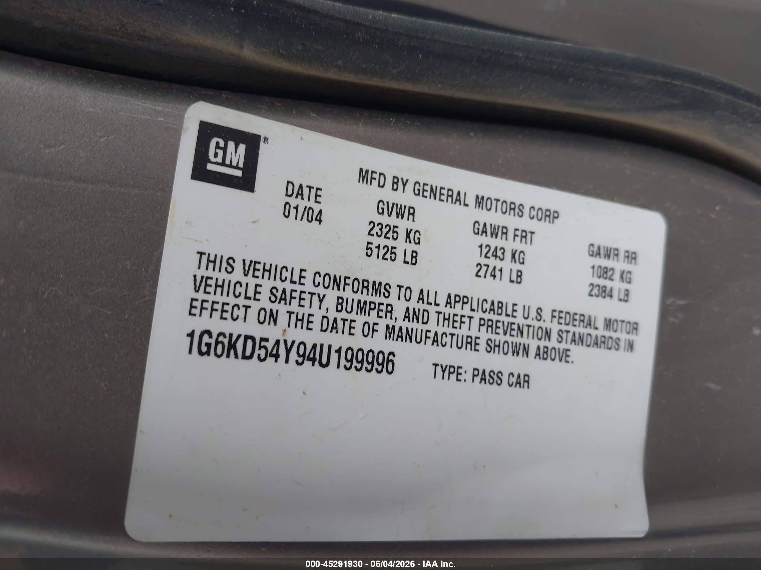 2004 Cadillac Deville VIN 1G6KD54Y94U199996 IAAI salvage auction — Unknown, Original (Texas), sold $525 on 2026-09-14 (photo 9)
