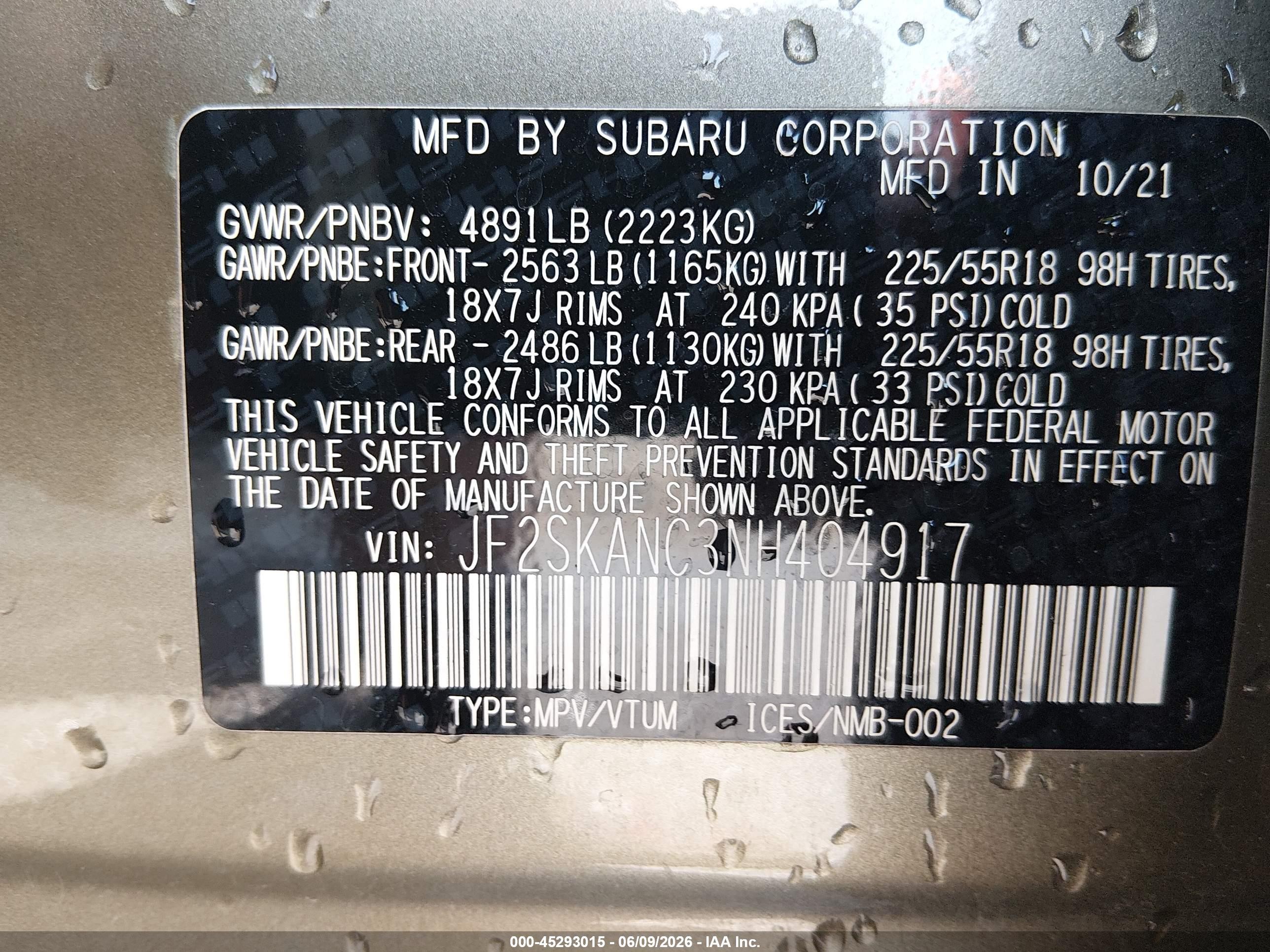 2022 Subaru Forester VIN JF2SKANC3NH404917 IAAI salvage auction — Front End, Clear (Oklahoma), sold $7,100 on 2026-09-12 (photo 9)