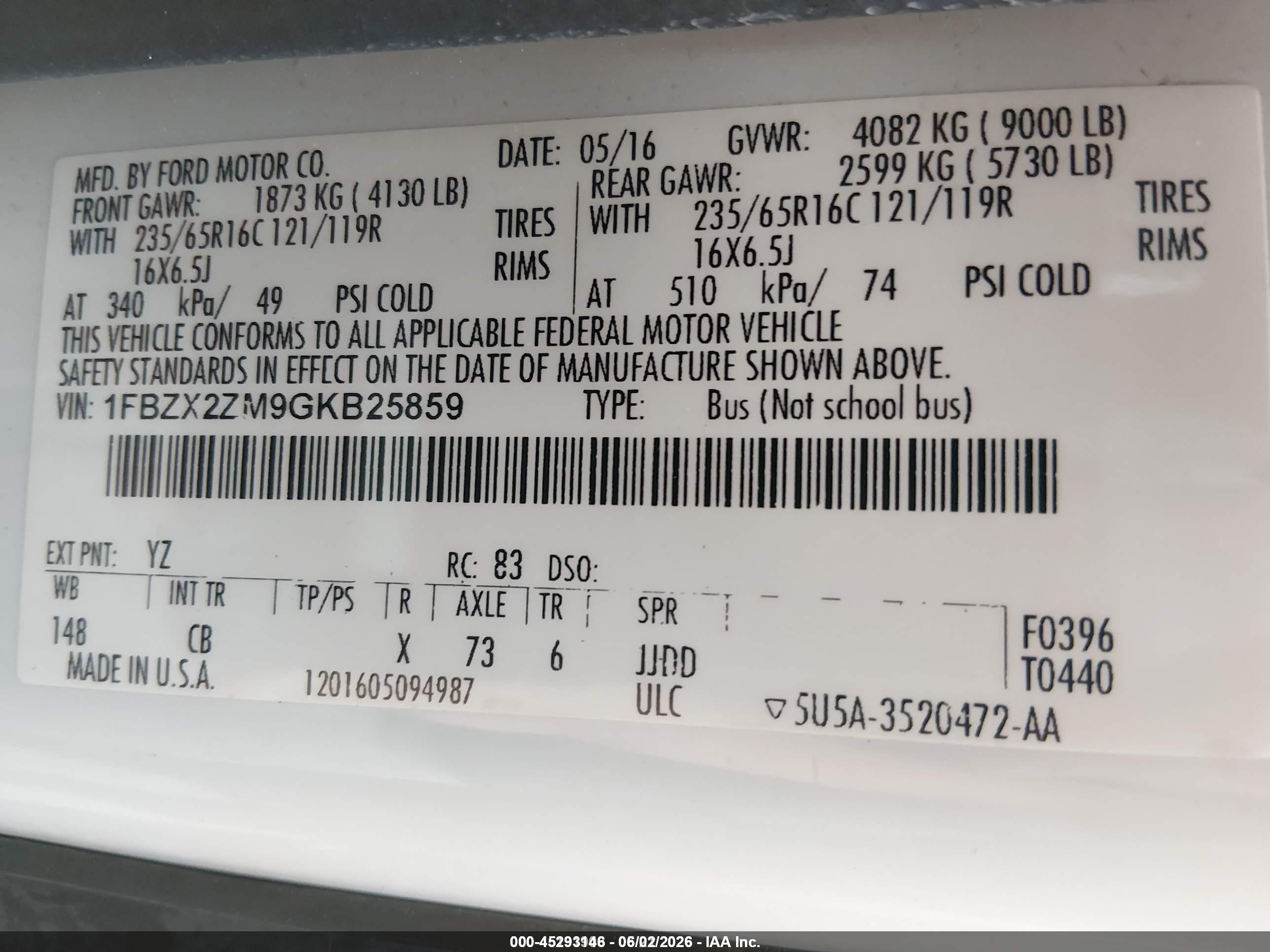 2016 Ford Transit-350 VIN 1FBZX2ZM9GKB25859 IAAI salvage auction — Normal Wear, Sf97 (Washington), sold $23,950 on 2026-07-09 (photo 9)