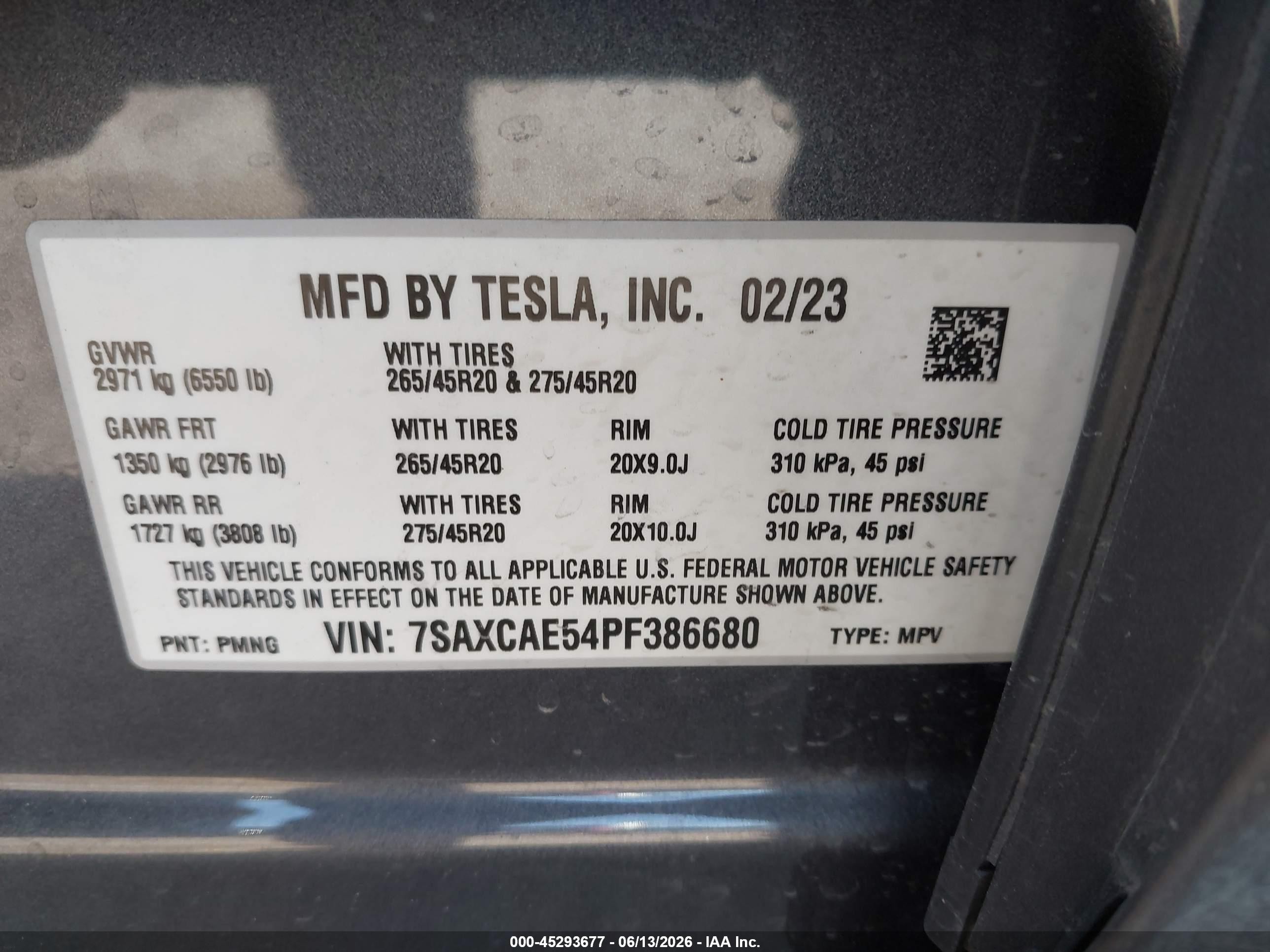 2023 Tesla Model x VIN 7SAXCAE54PF386680 IAAI salvage auction — Unknown, Original (Texas), sold $29,750 on 2026-08-15 (photo 9)