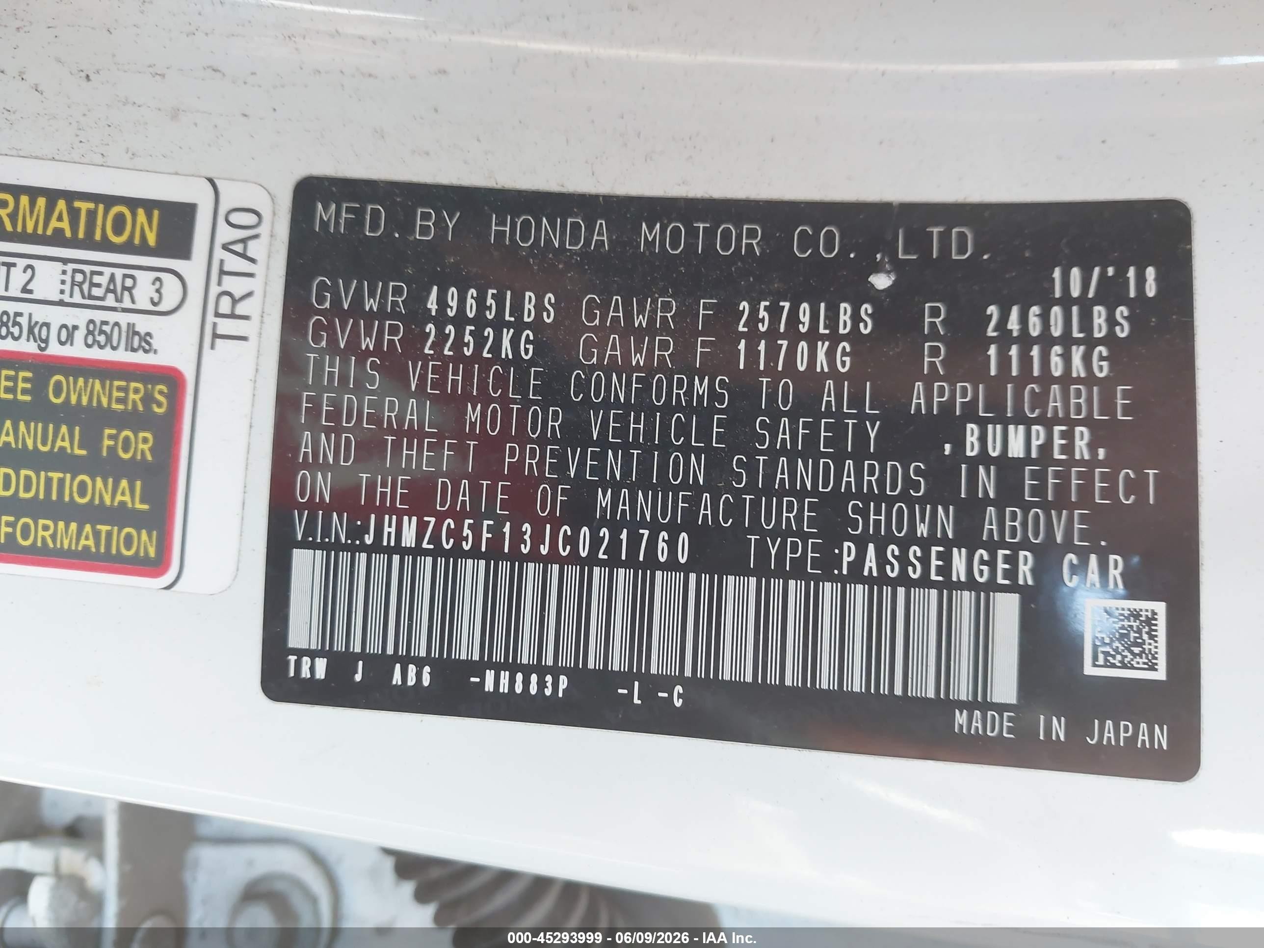 2018 Honda Clarity Plug In Hybrid VIN JHMZC5F13JC021760 IAAI salvage auction — Front End, Salvage (California), sold $2,825 on 2026-07-09 (photo 9)