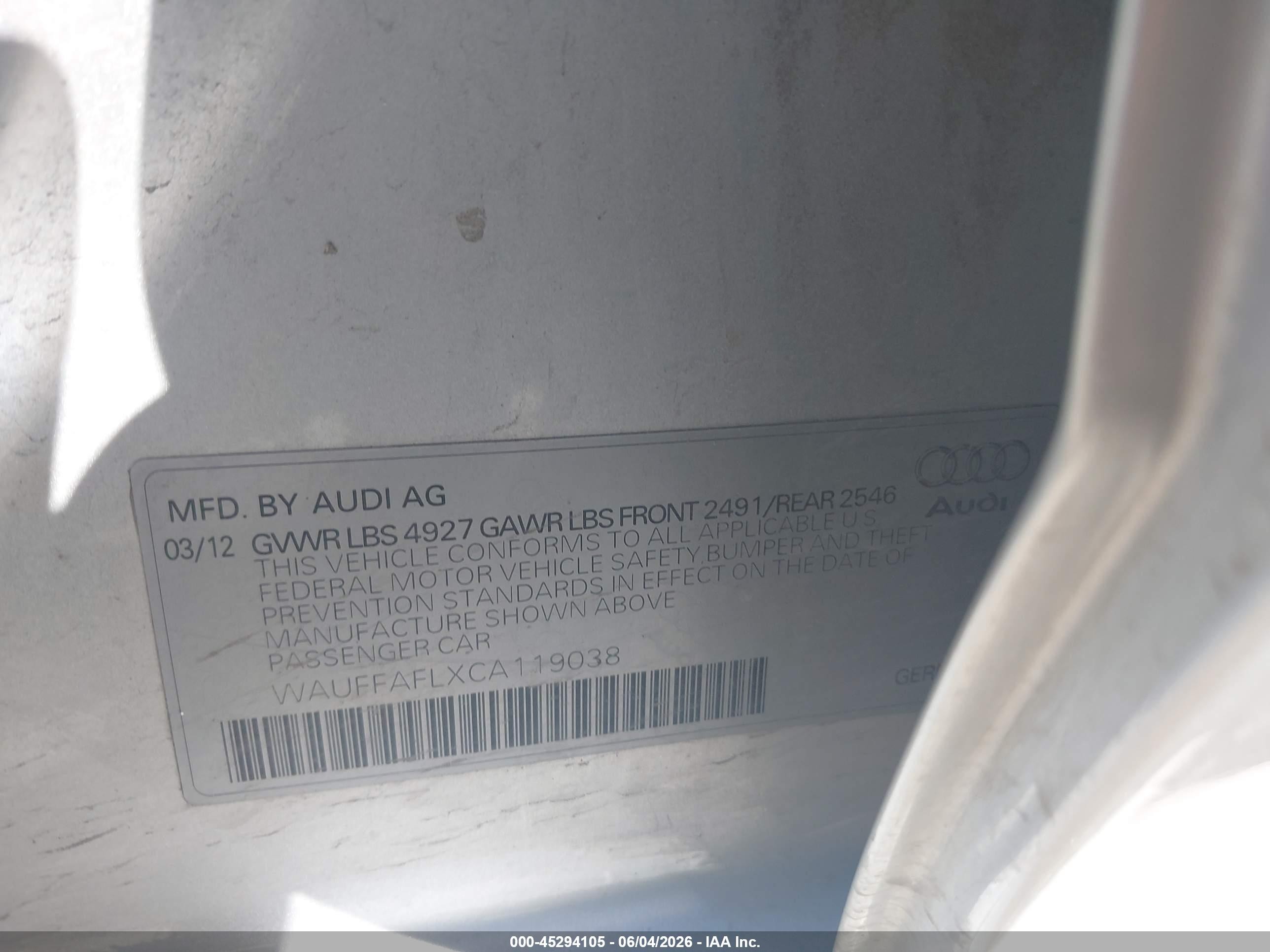 2012 Audi A4 VIN WAUFFAFLXCA119038 IAAI salvage auction — Front End, Salvage (Utah), sold $275 on 2026-07-09 (photo 9)