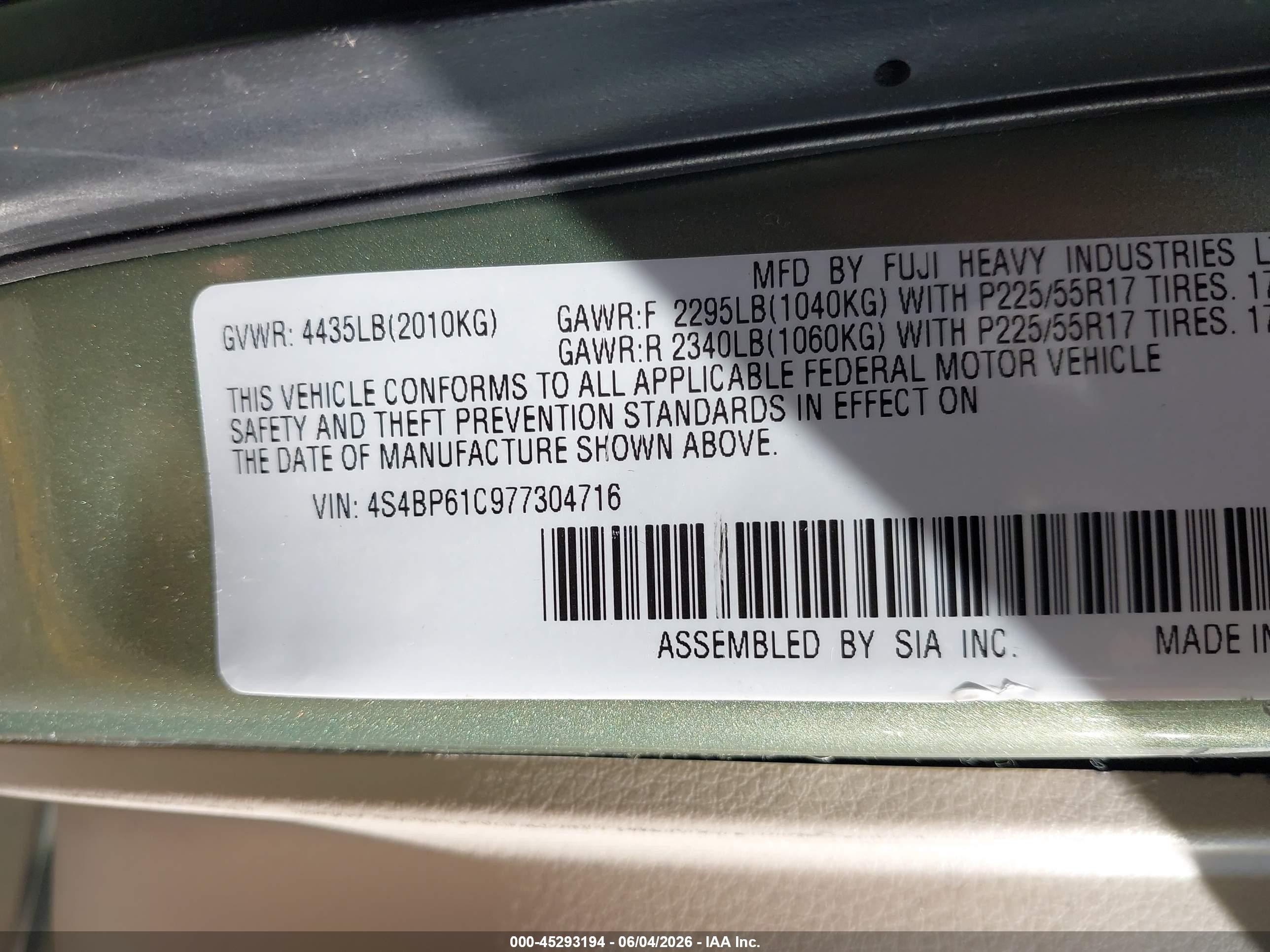 2007 Subaru Outback VIN 4S4BP61C977304716 IAAI salvage auction — Normal Wear, Clear (Michigan), sold $525 on 2026-06-15 (photo 9)