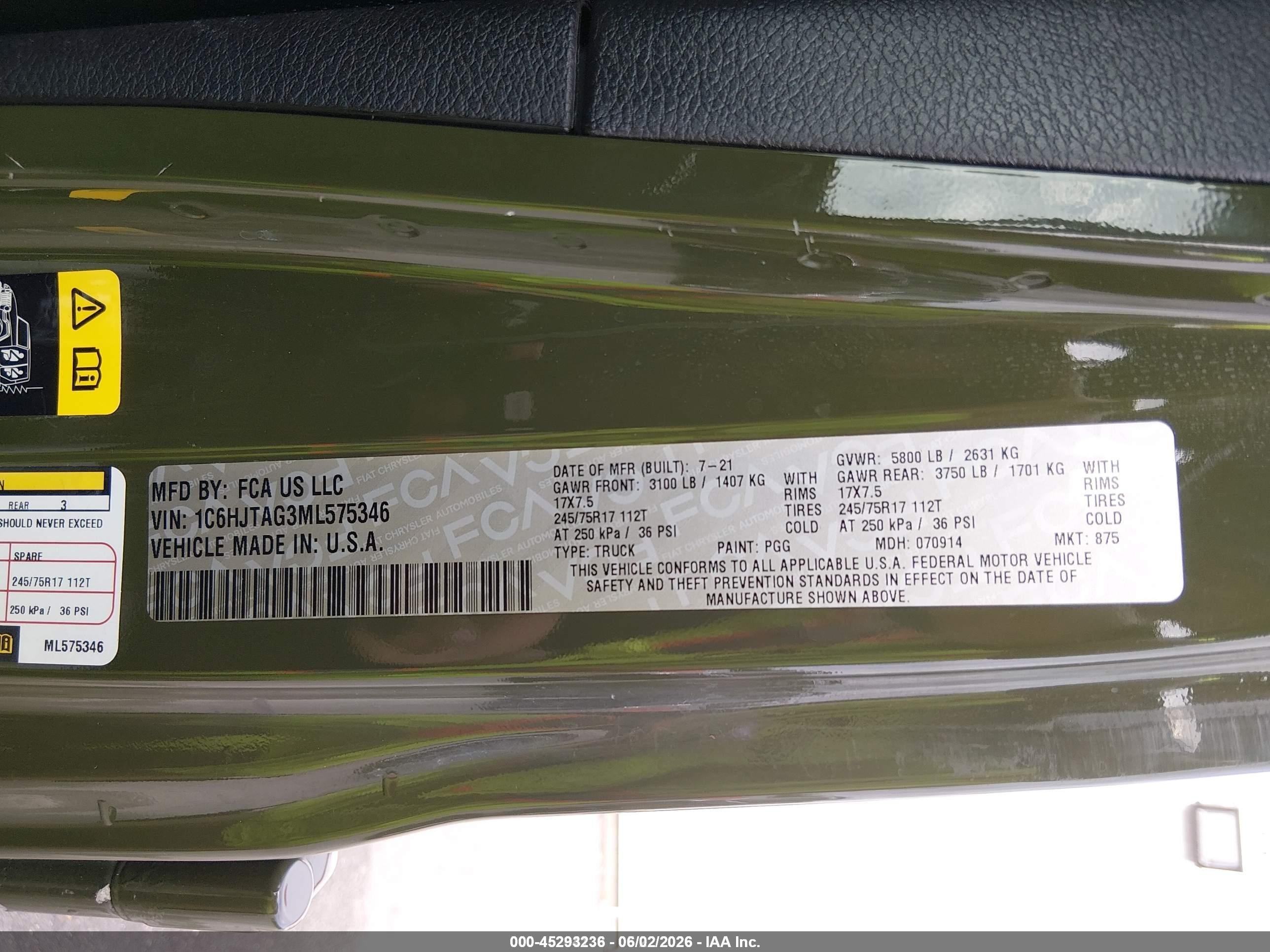 2021 Jeep Gladiator VIN 1C6HJTAG3ML575346 IAAI salvage auction — Normal Wear, Sf97 (Washington), sold $20,300 on 2026-07-09 (photo 9)