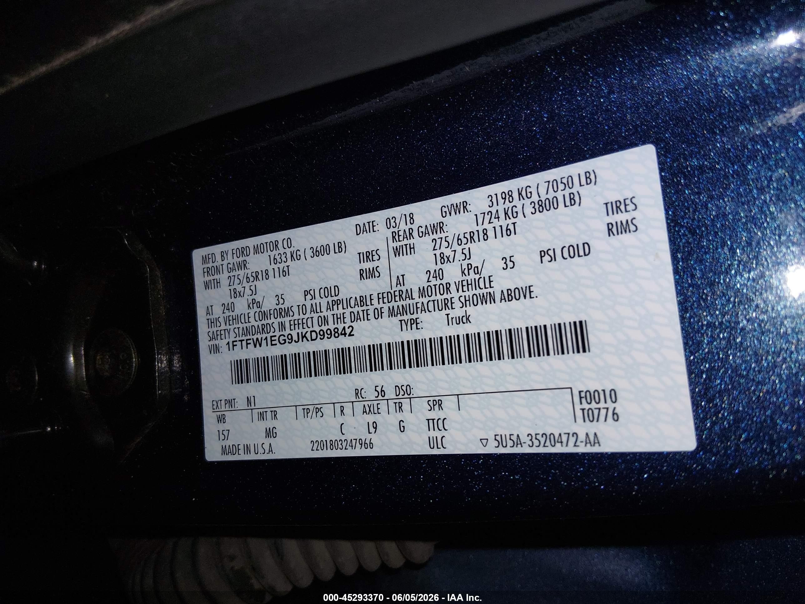 2018 Ford F-150 Lightning VIN 1FTFW1EG9JKD99842 IAAI salvage auction — Front End, Salvage (Idaho), sold $8,725 on 2026-07-09 (photo 9)