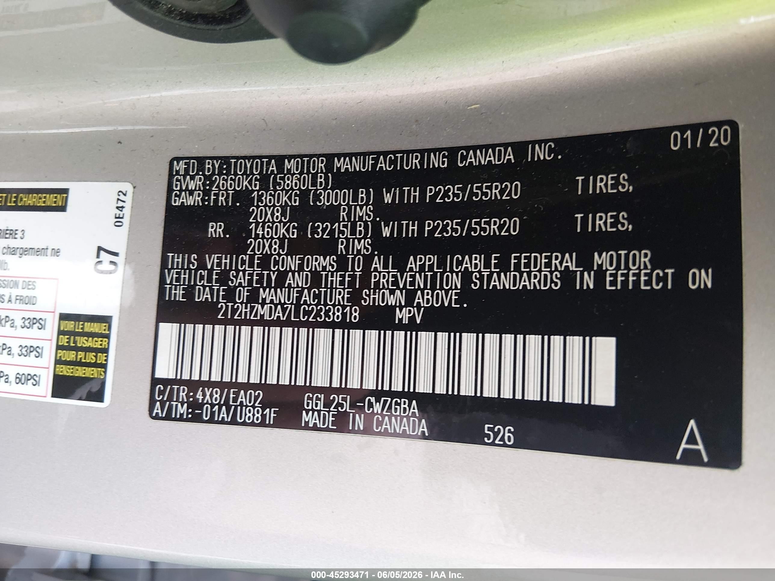 2020 Lexus RX VIN 2T2HZMDA7LC233818 IAAI salvage auction — Hail, Salvage (Ohio), sold $16,100 on 2026-08-19 (photo 9)