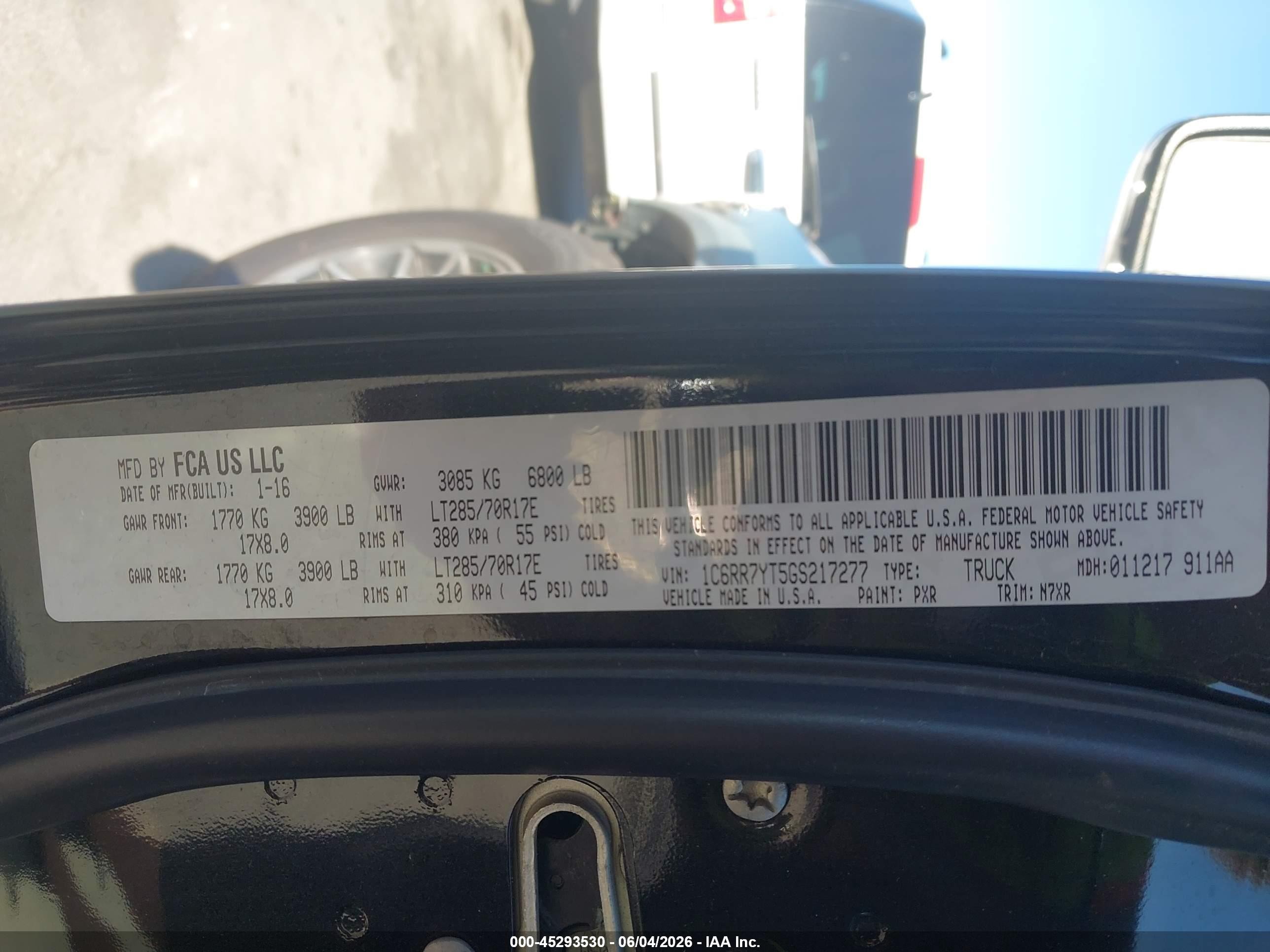2016 Ram 1500 VIN 1C6RR7YT5GS217277 IAAI salvage auction — Front End, Salvage (Utah), sold $6,150 on 2026-07-09 (photo 9)