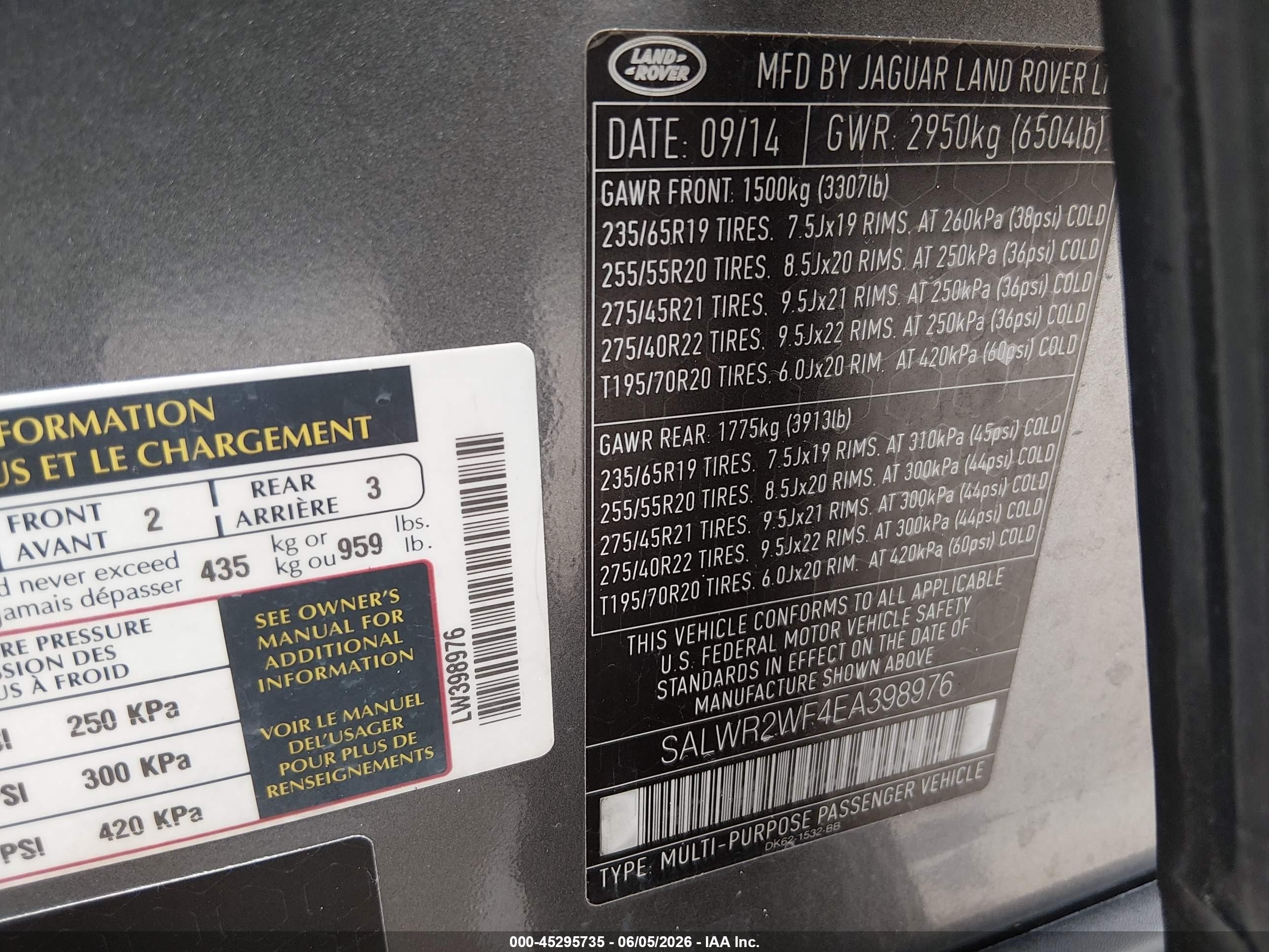 2014 Land Rover Range Rover Sport VIN SALWR2WF4EA398976 IAAI salvage auction — Engine Damage, Original (Texas), sold $4,650 on 2026-07-06 (photo 9)