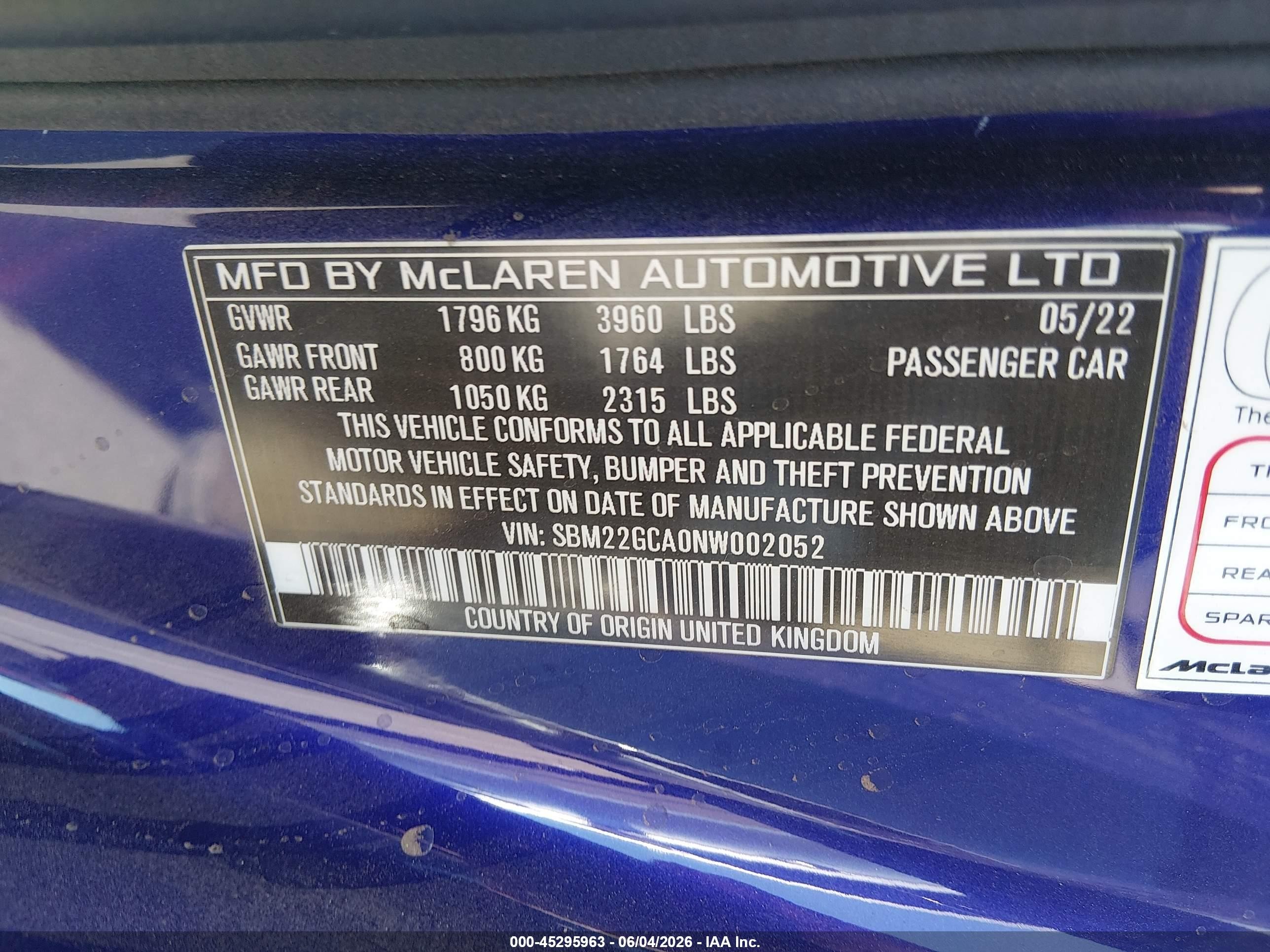 2022 McLaren GT VIN SBM22GCA0NW002052 IAAI salvage auction — Rear End, Junk Receipt (North Carolina), sold $18,025 on 2026-09-09 (photo 9)