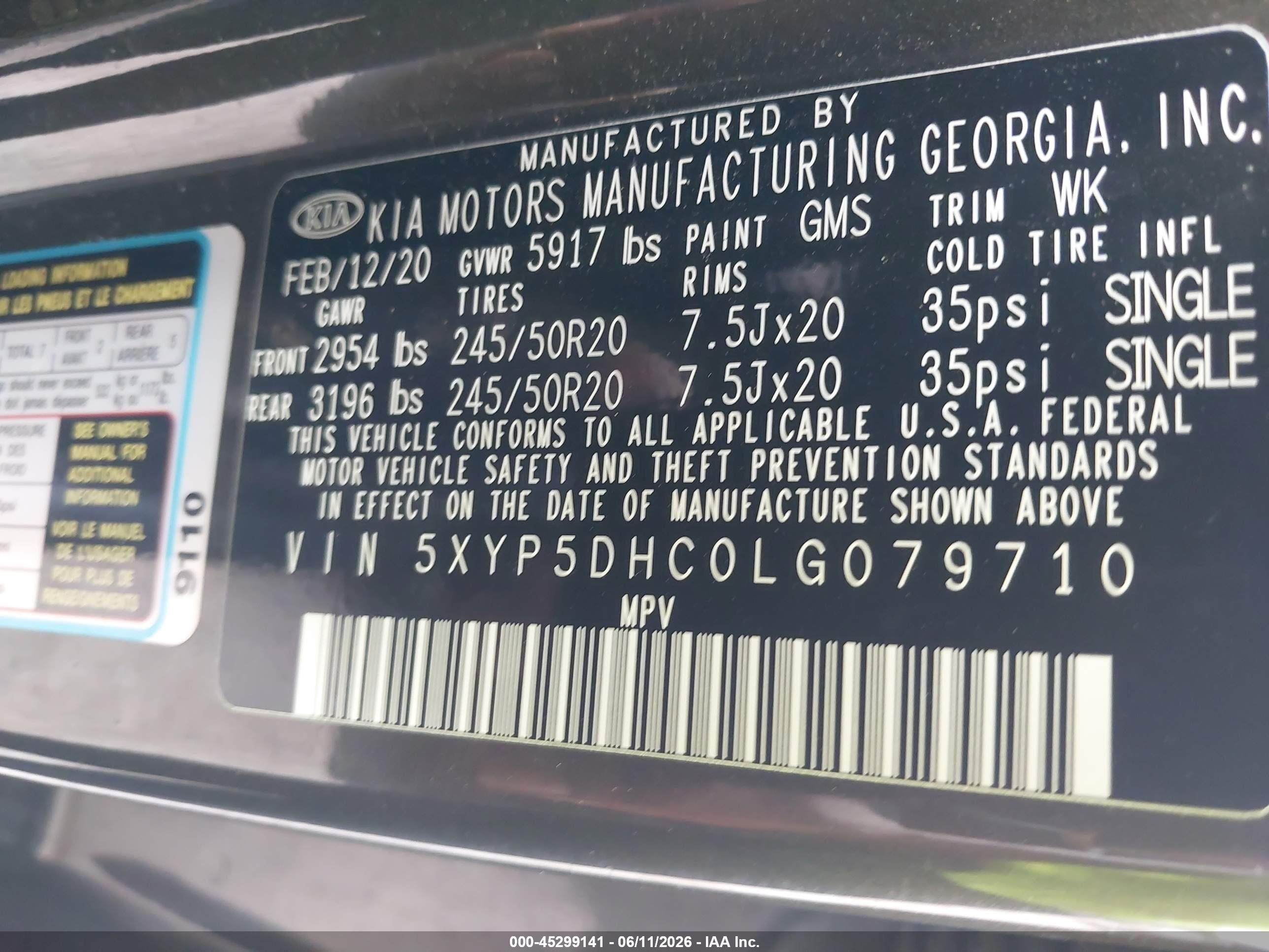 2020 Kia Telluride VIN 5XYP5DHC0LG079710 IAAI salvage auction — Front End, Salvage (Texas), sold $4,450 on 2026-09-07 (photo 9)