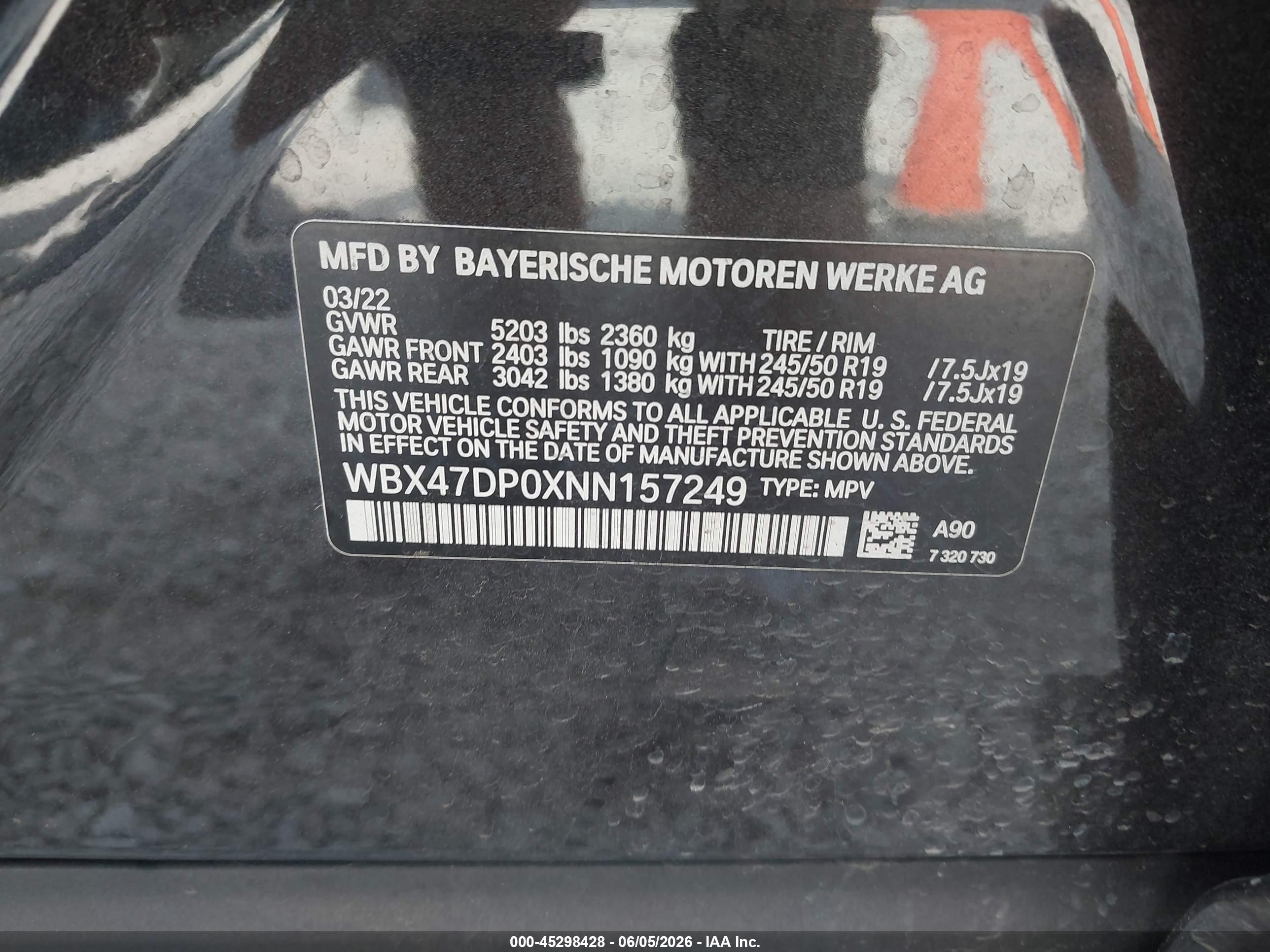 2022 BMW X3 VIN WBX47DP0XNN157249 IAAI salvage auction — Front End, Salvage (Alabama), sold $6,400 on 2026-08-24 (photo 9)