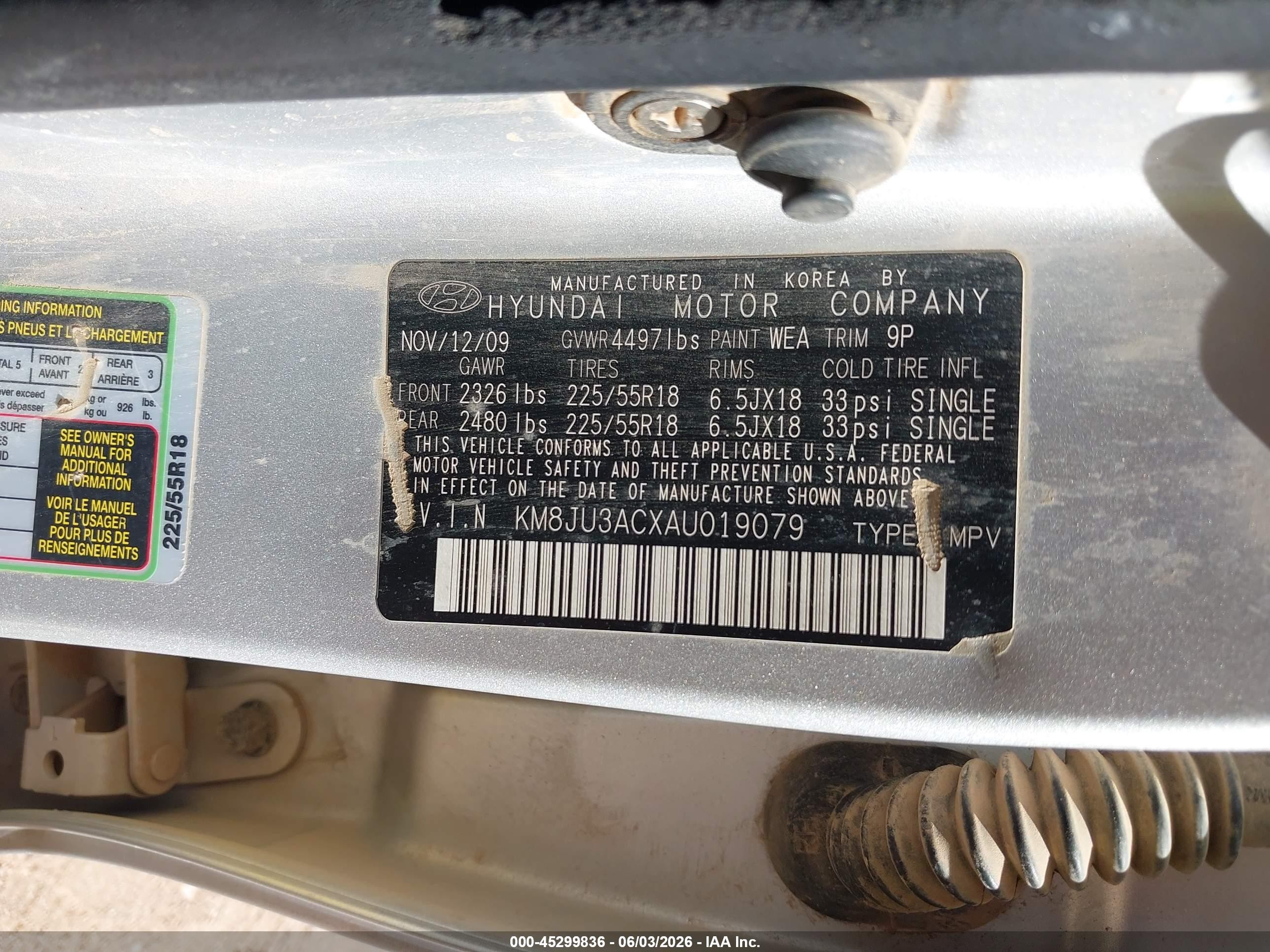 2010 Hyundai Tucson VIN KM8JU3ACXAU019079 IAAI salvage auction — Normal Wear, Clear-Dealer Only (Arizona), sold $1,275 on 2026-07-03 (photo 9)