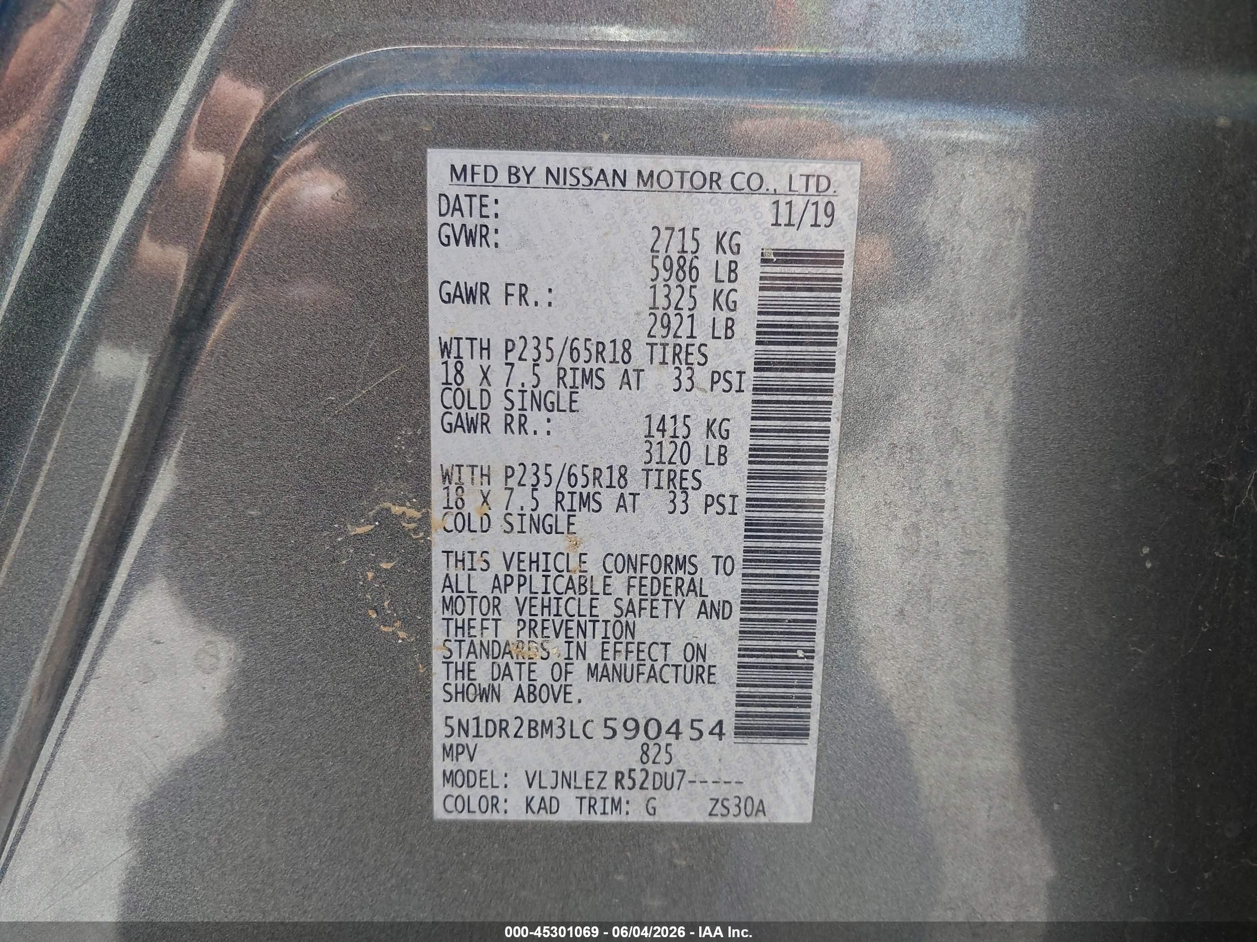 2020 Nissan Pathfinder VIN 5N1DR2BM3LC590454 IAAI salvage auction — Normal Wear, Clear (California), sold $1,100 on 2026-07-09 (photo 9)
