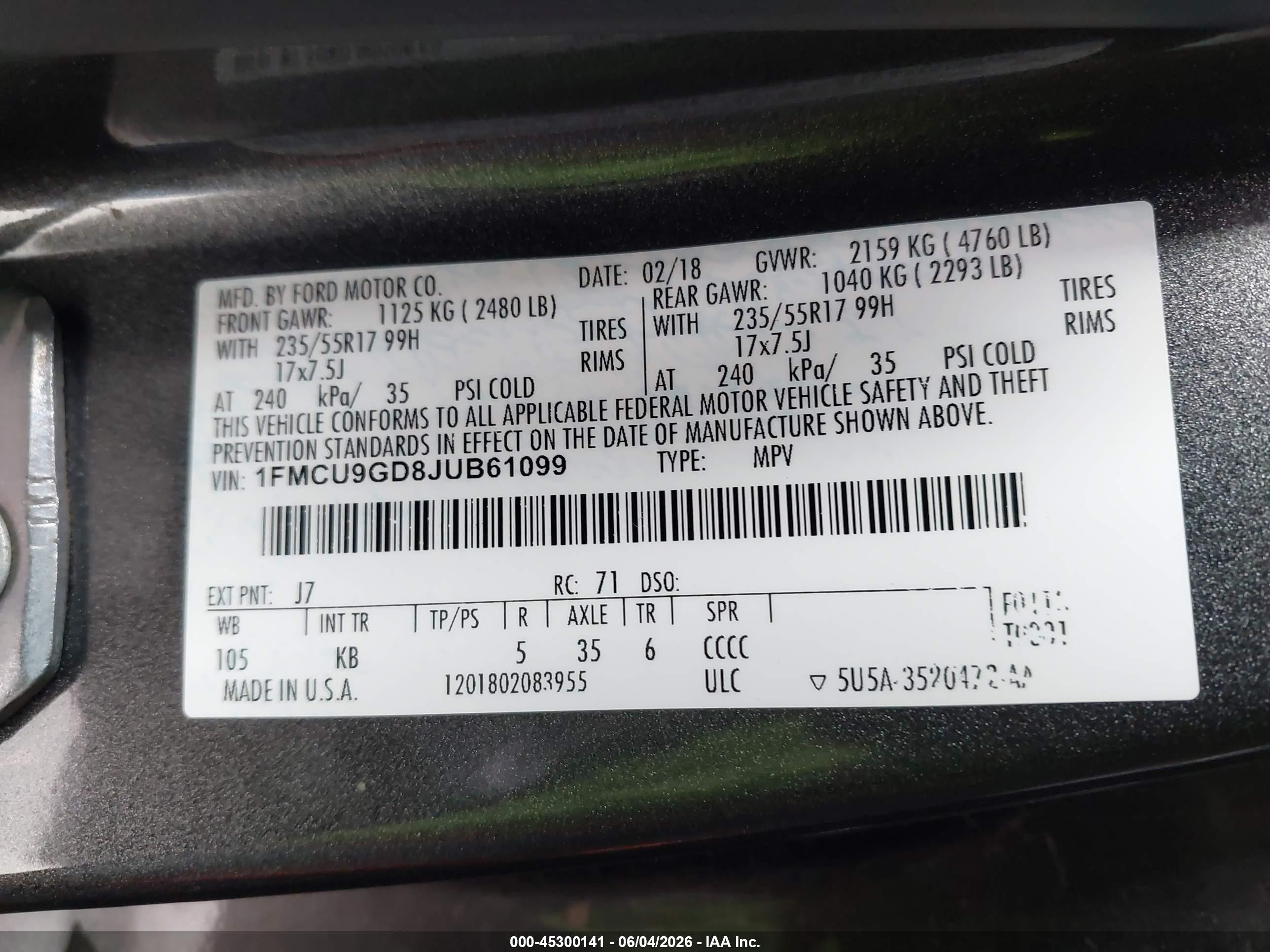 2018 Ford Escape VIN 1FMCU9GD8JUB61099 IAAI salvage auction — Normal Wear, Clear-Dealer Only (Arizona), sold $2,050 on 2026-07-09 (photo 9)