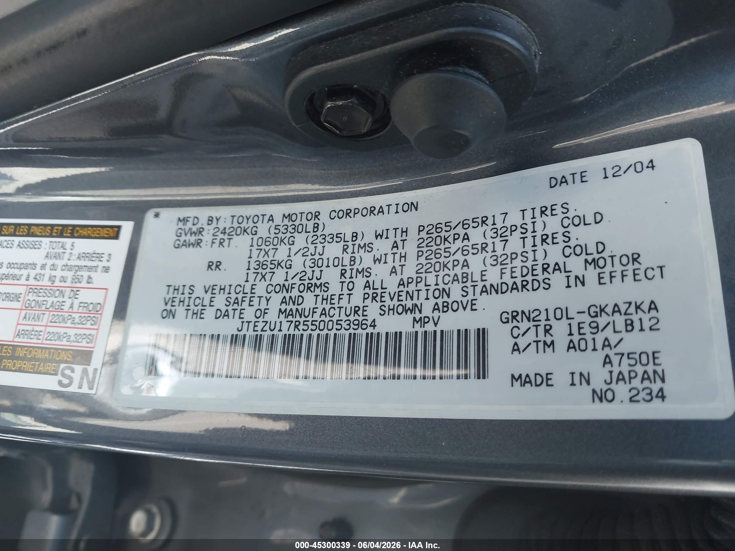 2005 Toyota 4Runner VIN JTEZU17R550053964 IAAI salvage auction — Front End, Salvage (California), sold $2,425 on 2026-07-09 (photo 9)