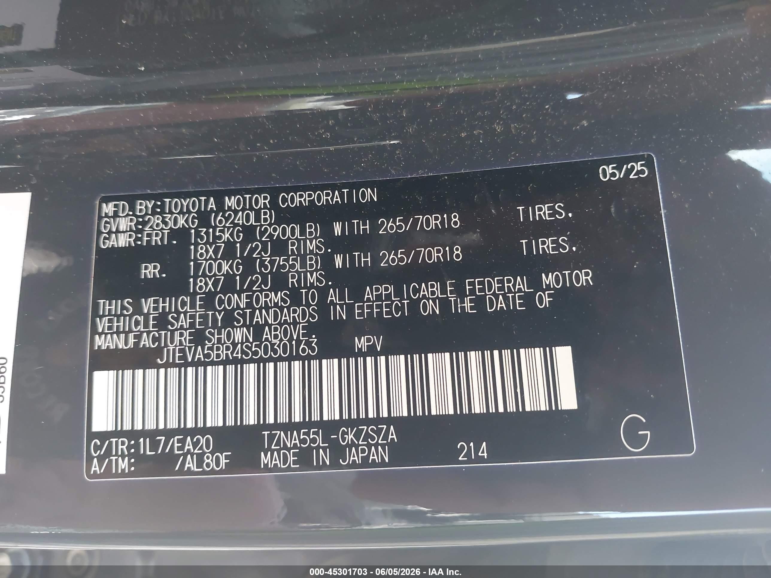 2025 Toyota 4runner VIN JTEVA5BR4S5030163 IAAI salvage auction — Rear End, Salvage (Pennsylvania), sold $26,250 on 2026-08-15 (photo 9)