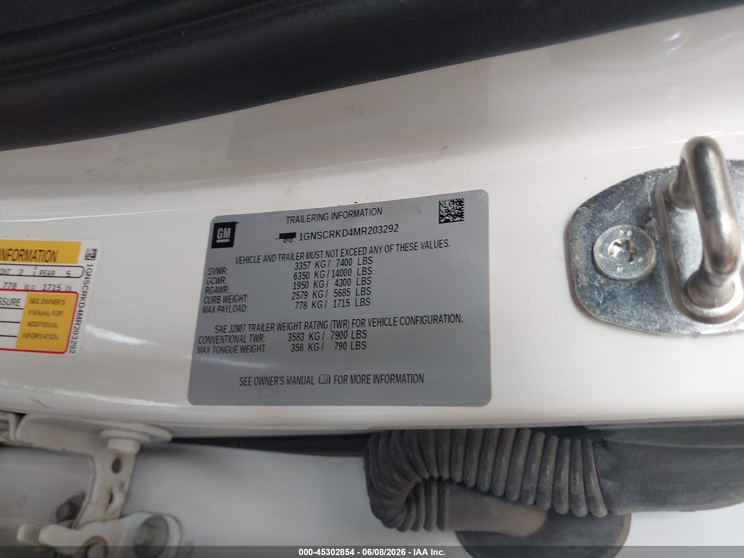 2021 Chevrolet Tahoe VIN 1GNSCRKD4MR203292 IAAI salvage auction — Front End, Original (Texas), sold $17,600 on 2026-08-12 (photo 7)
