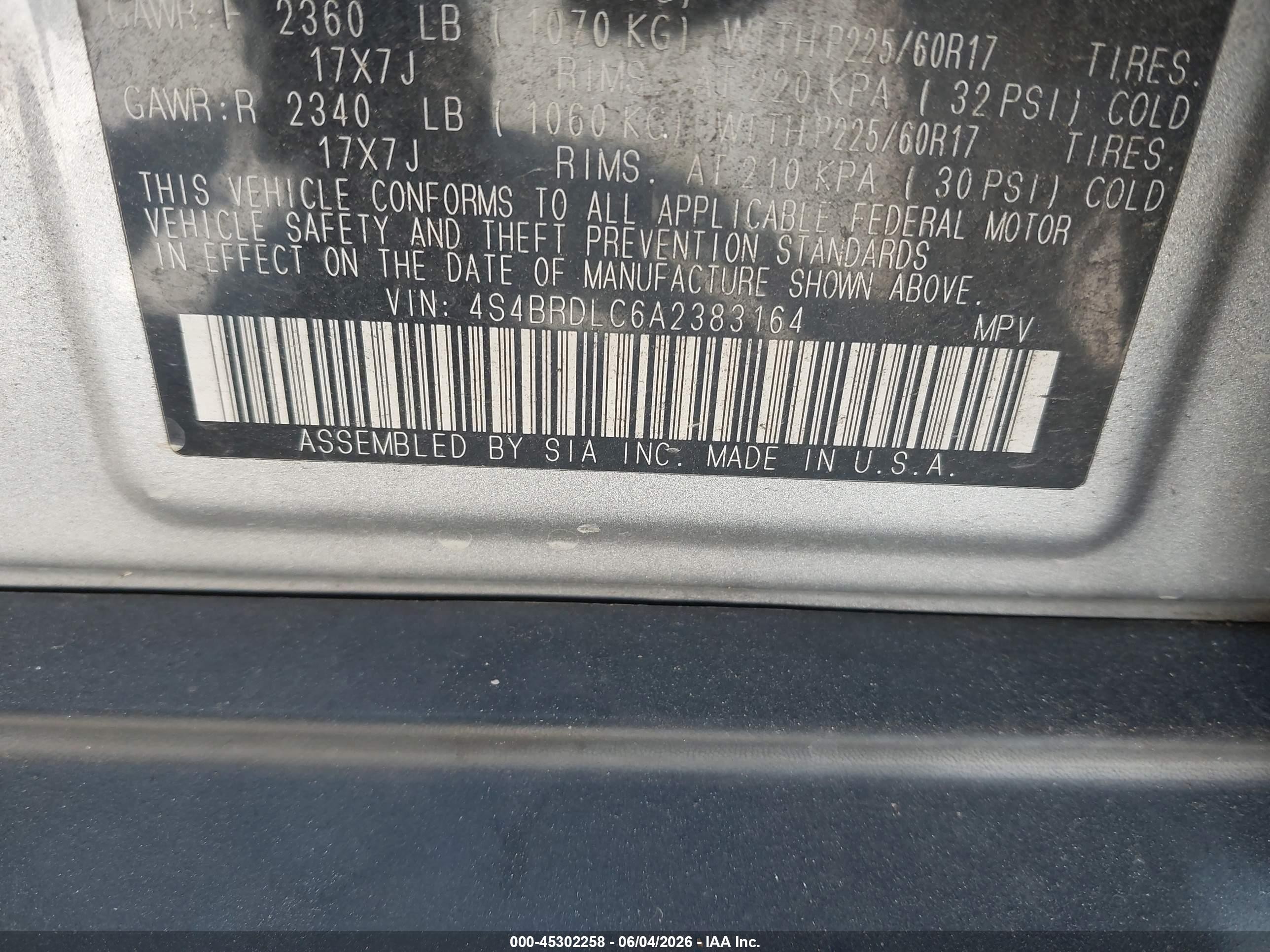 2010 Subaru Outback VIN 4S4BRDLC6A2383164 IAAI salvage auction — Normal Wear, App For Dup Clear (California), sold $375 on 2026-07-09 (photo 9)