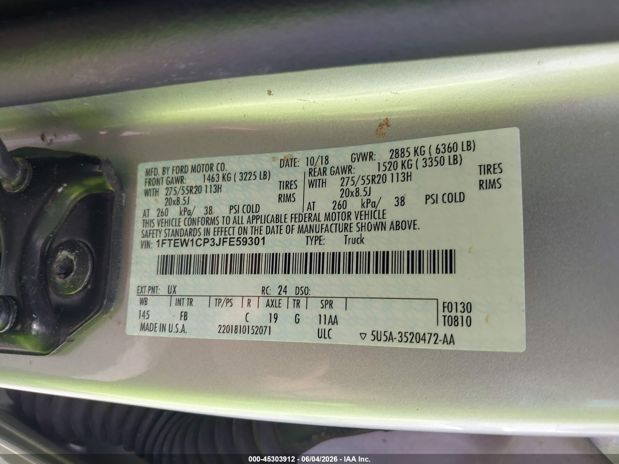 2018 Ford F-150 VIN 1FTEW1CP3JFE59301 IAAI salvage auction — Side, Rebuildable (Florida), sold $3,850 on 2026-07-07 (photo 9)