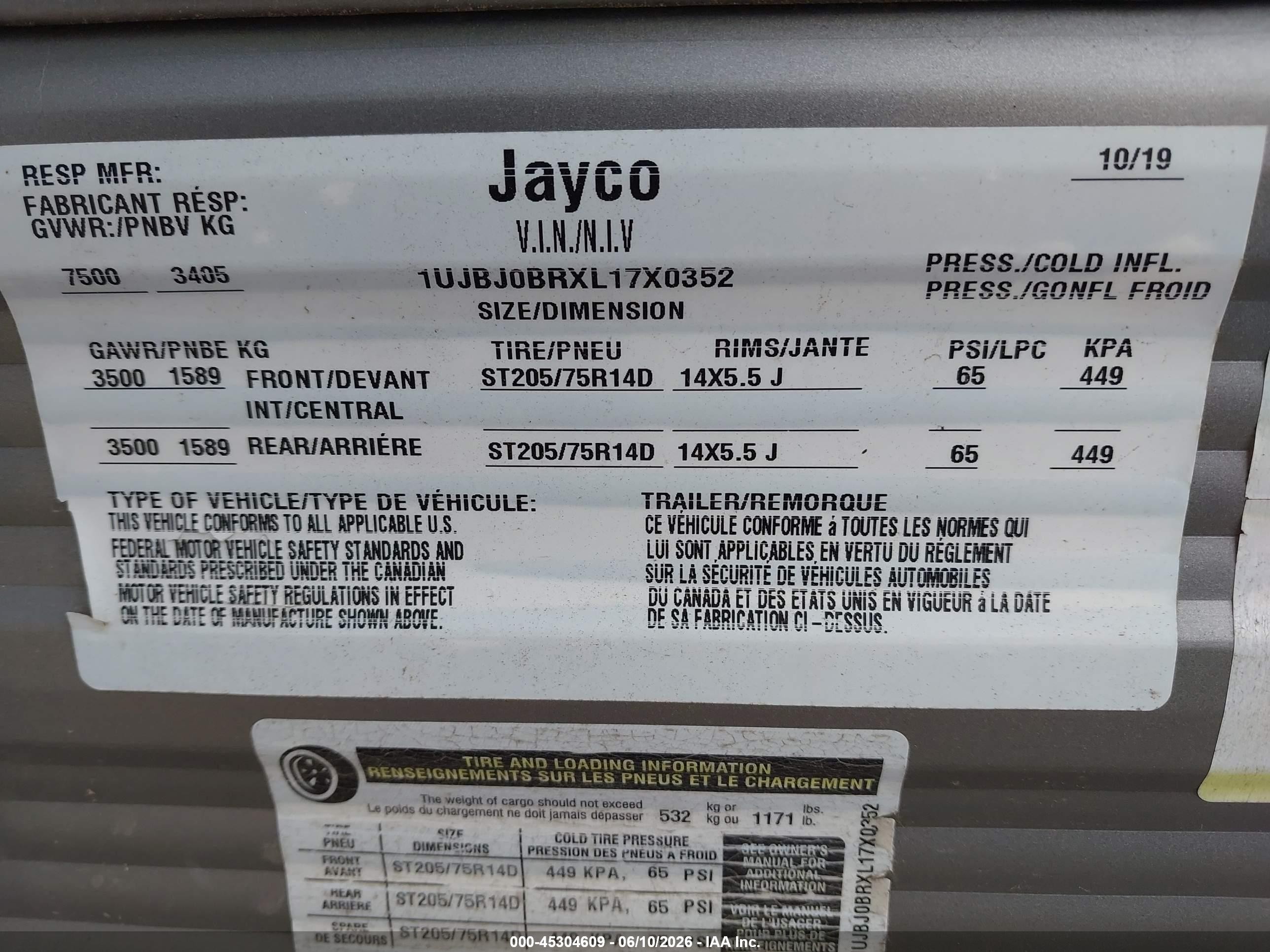 2020 Jayco Jay Flight VIN 1UJBJ0BRXL17X0352 IAAI salvage auction — Front End, Salvage (Illinois), sold $5,000 on 2026-09-23 (photo 9)