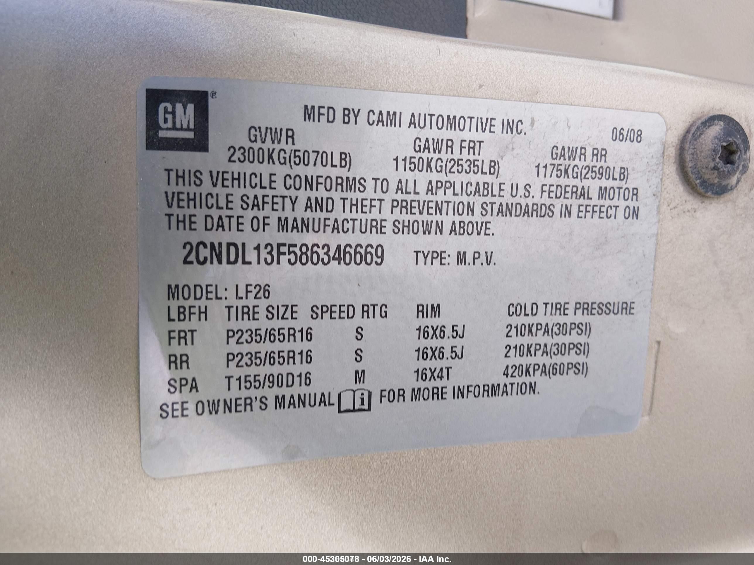 2008 Chevrolet Equinox VIN 2CNDL13F586346669 IAAI salvage auction — Front End, Sf97 (Iowa), sold $100 on 2026-07-09 (photo 9)