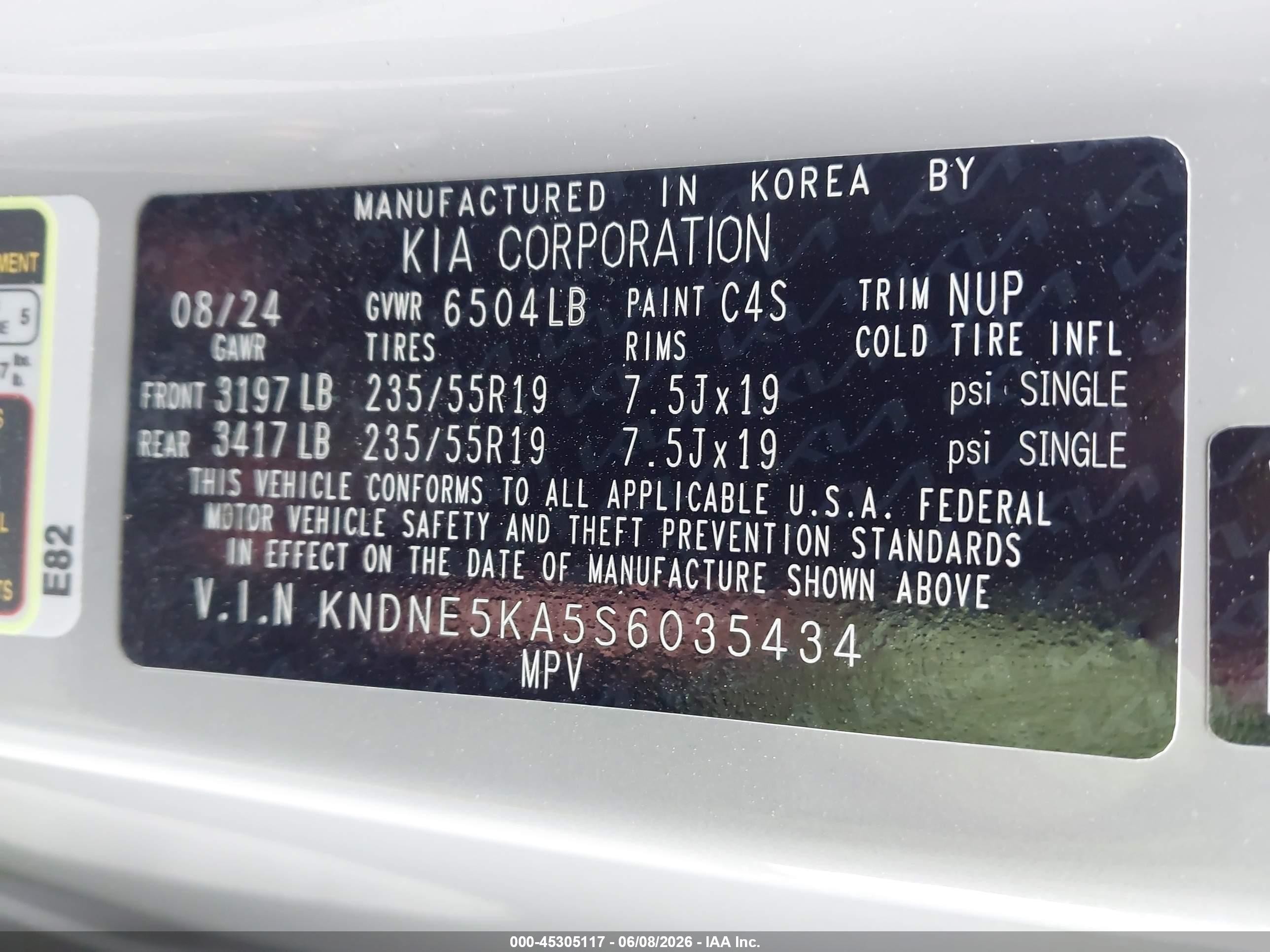 2025 Kia Carnival VIN KNDNE5KA5S6035434 IAAI salvage auction — Front End, Salvage Certificate (California), sold $12,150 on 2026-07-10 (photo 9)