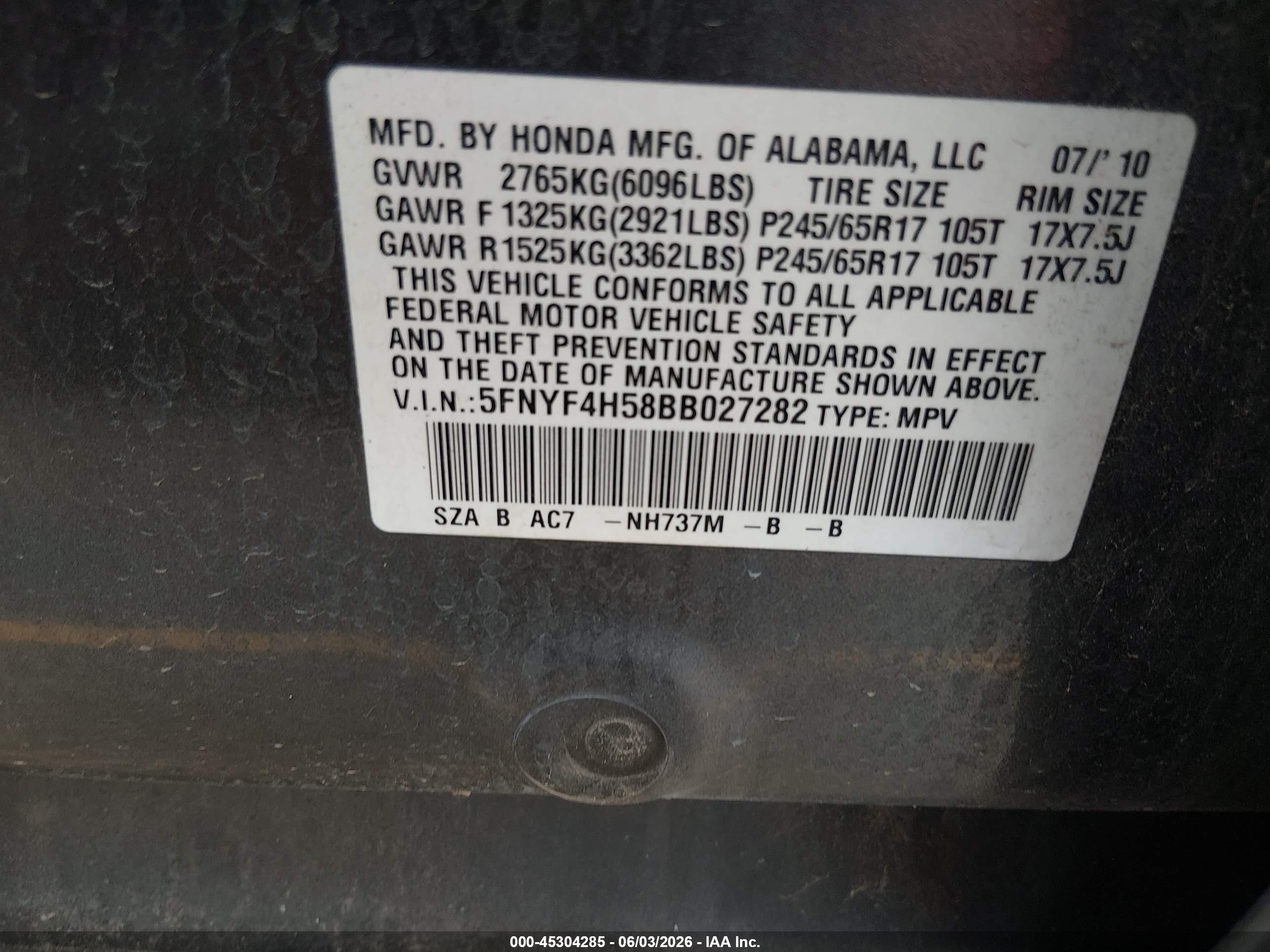 2011 Honda Pilot VIN 5FNYF4H58BB027282 IAAI salvage auction — All Over, Salvage (Utah), sold $2,800 on 2026-07-15 (photo 9)