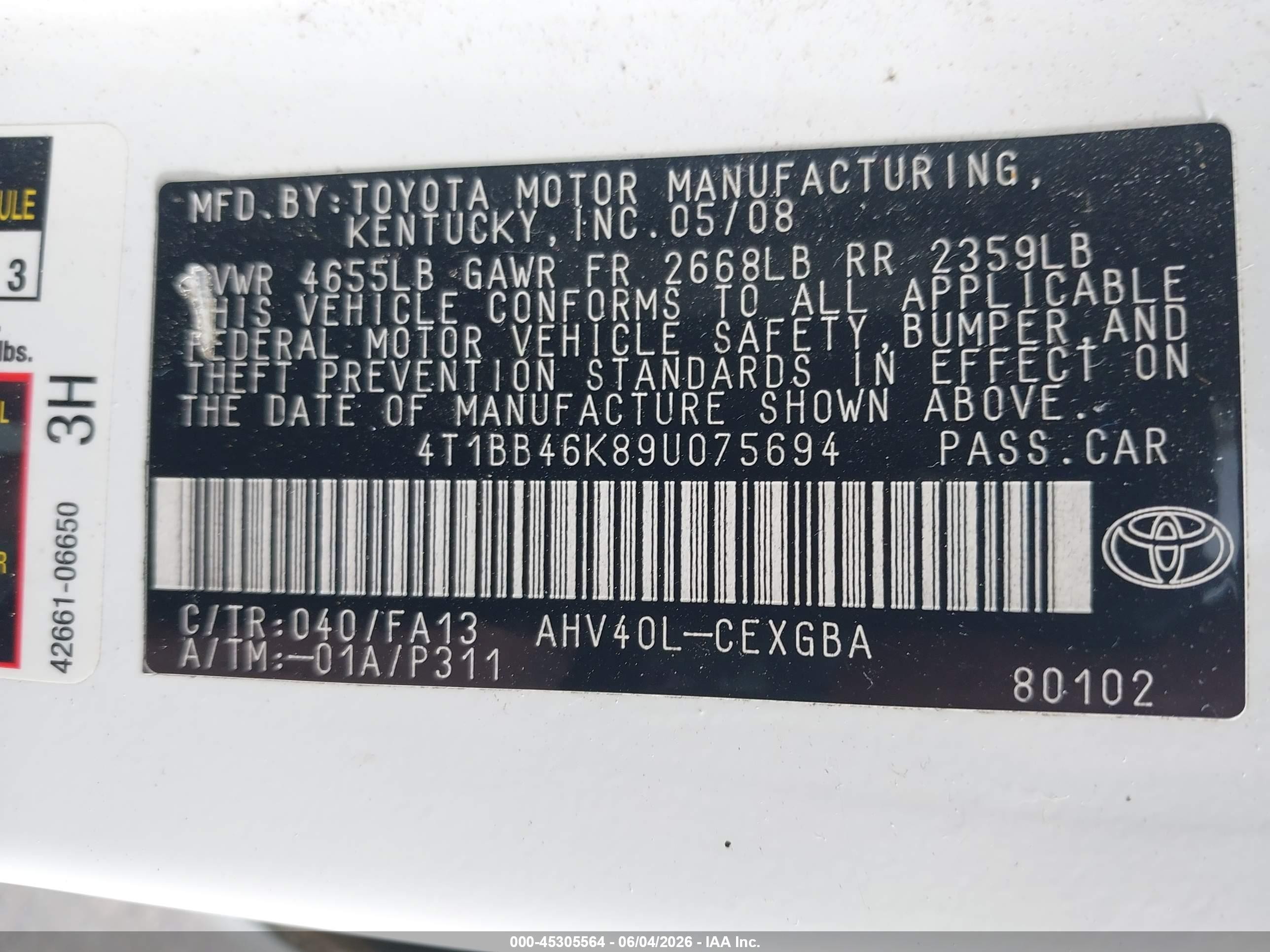 2009 Toyota Camry Hybrid VIN 4T1BB46K89U075694 IAAI salvage auction — Normal Wear, Clear-Dealer Only (Oregon), sold $225 on 2026-07-02 (photo 9)