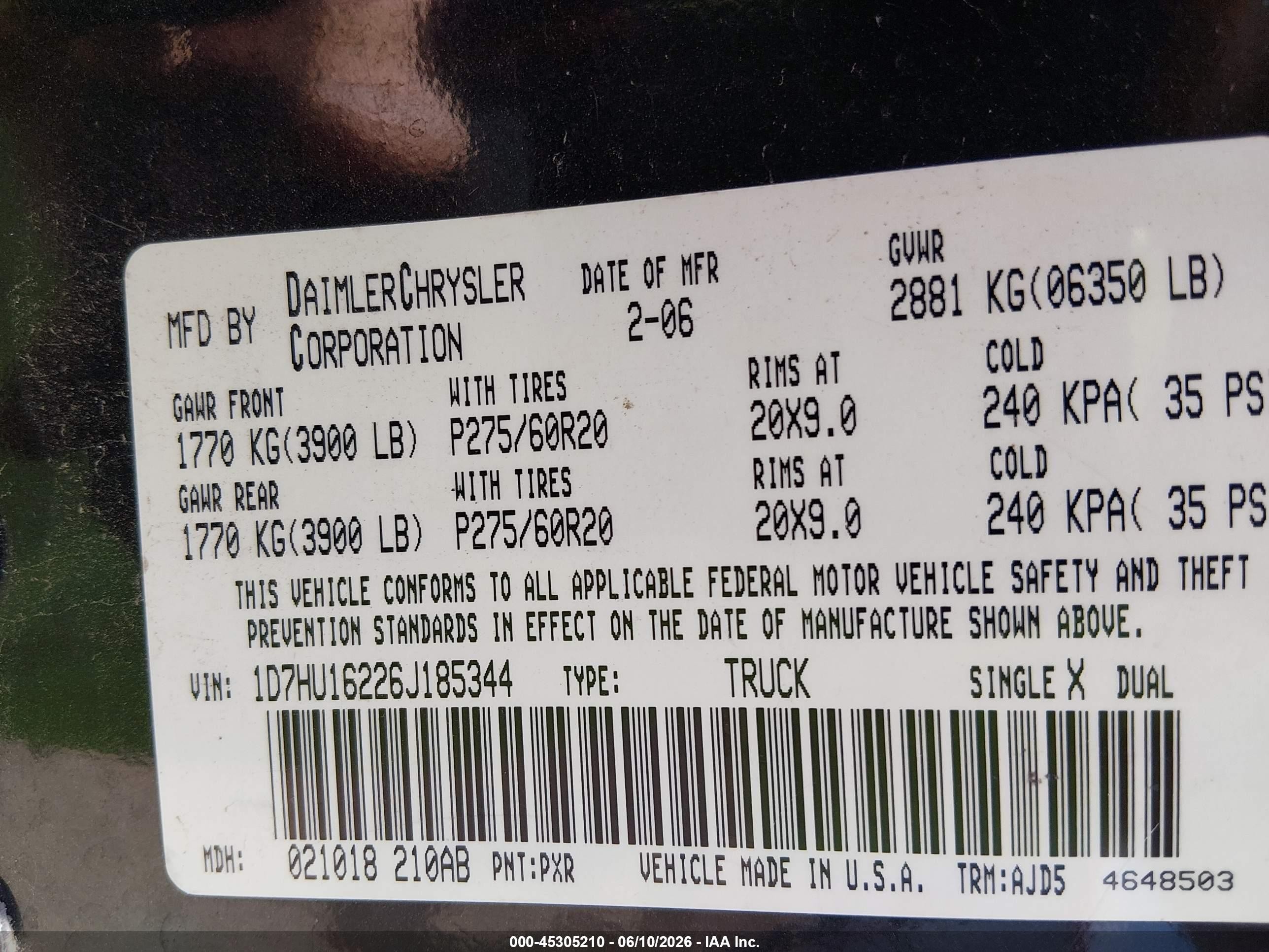 2006 Dodge Ram 1500 VIN 1D7HU16226J185344 IAAI salvage auction — Hail, Salvage (Kansas), sold $1,300 on 2026-07-11 (photo 9)