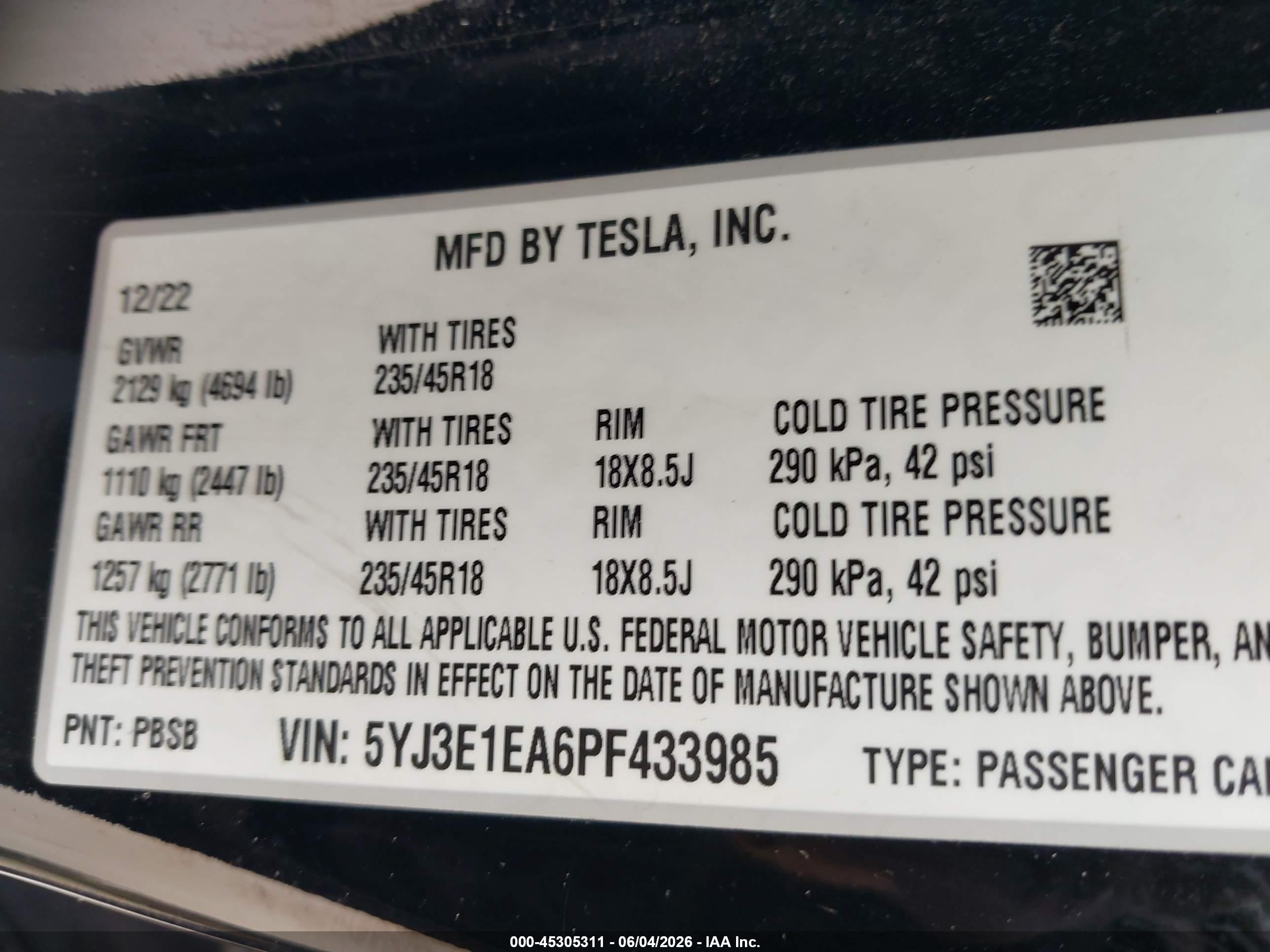 2023 Tesla Model 3 VIN 5YJ3E1EA6PF433985 IAAI salvage auction — Electrical, Certificate Of Title (Montana), sold $11,250 on 2026-06-30 (photo 9)