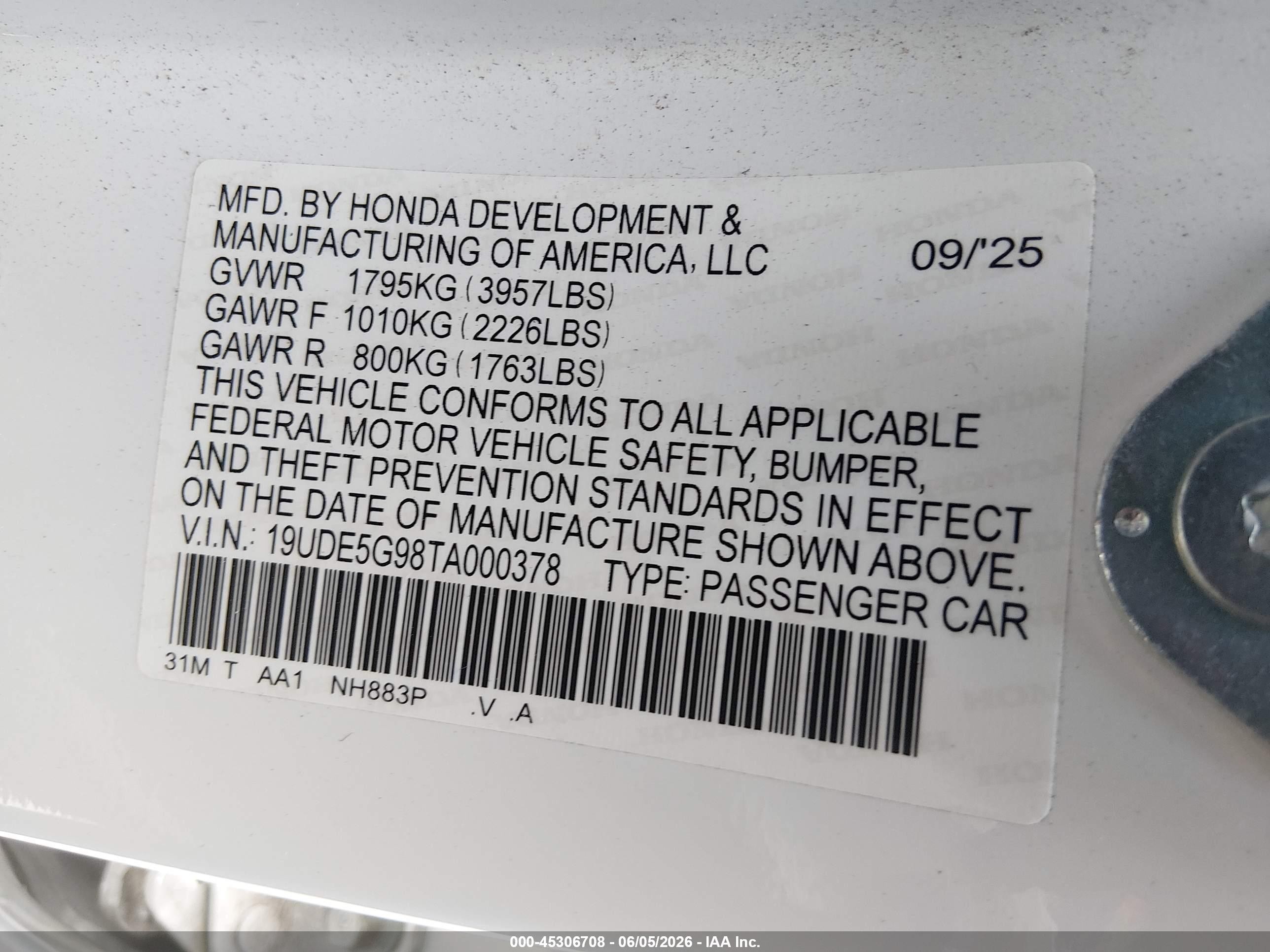 2026 Acura Integra VIN 19UDE5G98TA000378 IAAI salvage auction — Theft, Salvage (California), sold $28,250 on 2026-07-10 (photo 9)