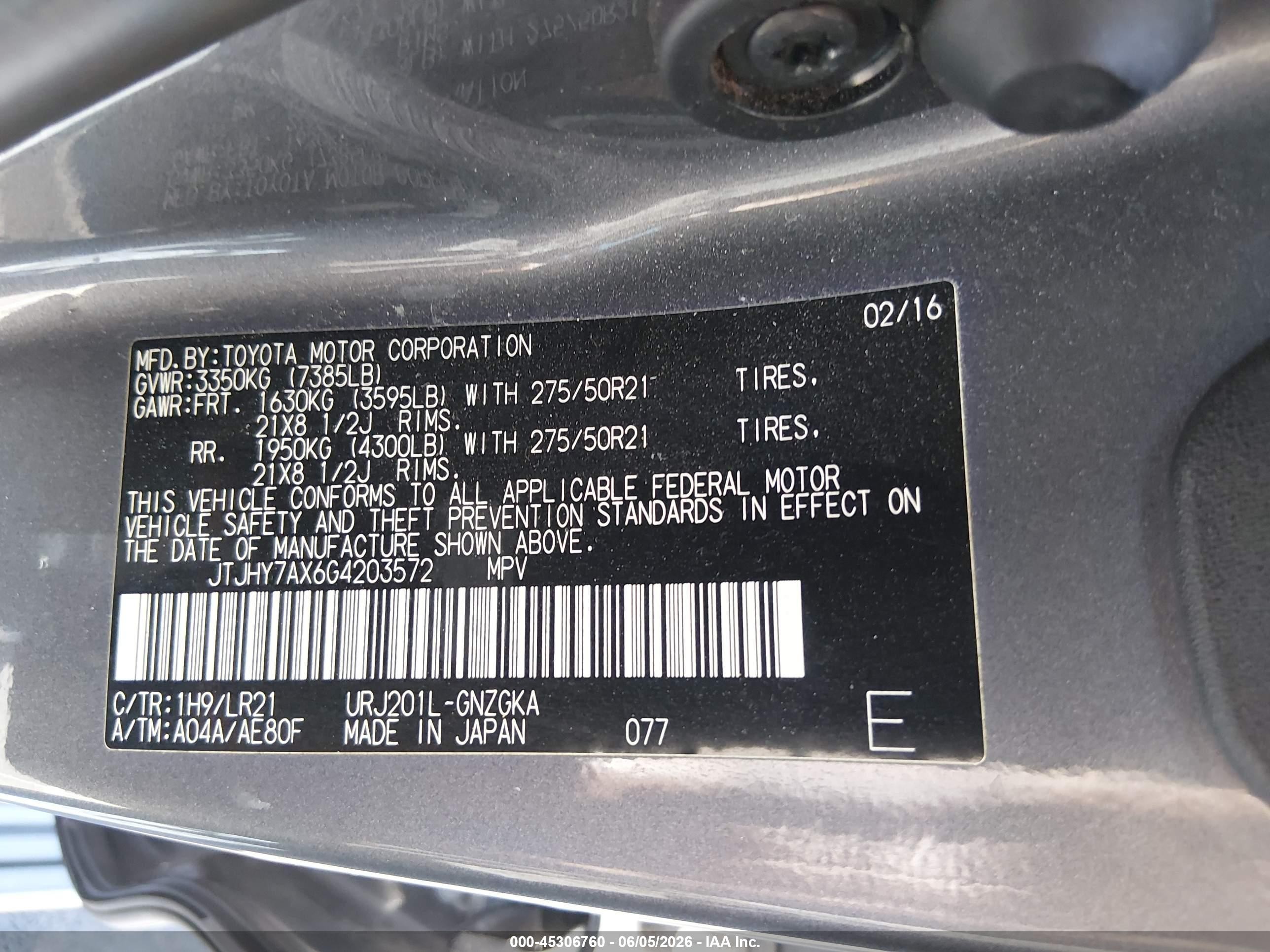 2016 Lexus Lx VIN JTJHY7AX6G4203572 IAAI salvage auction — Front End, Salvage (Nevada), sold $24,000 on 2026-09-06 (photo 9)