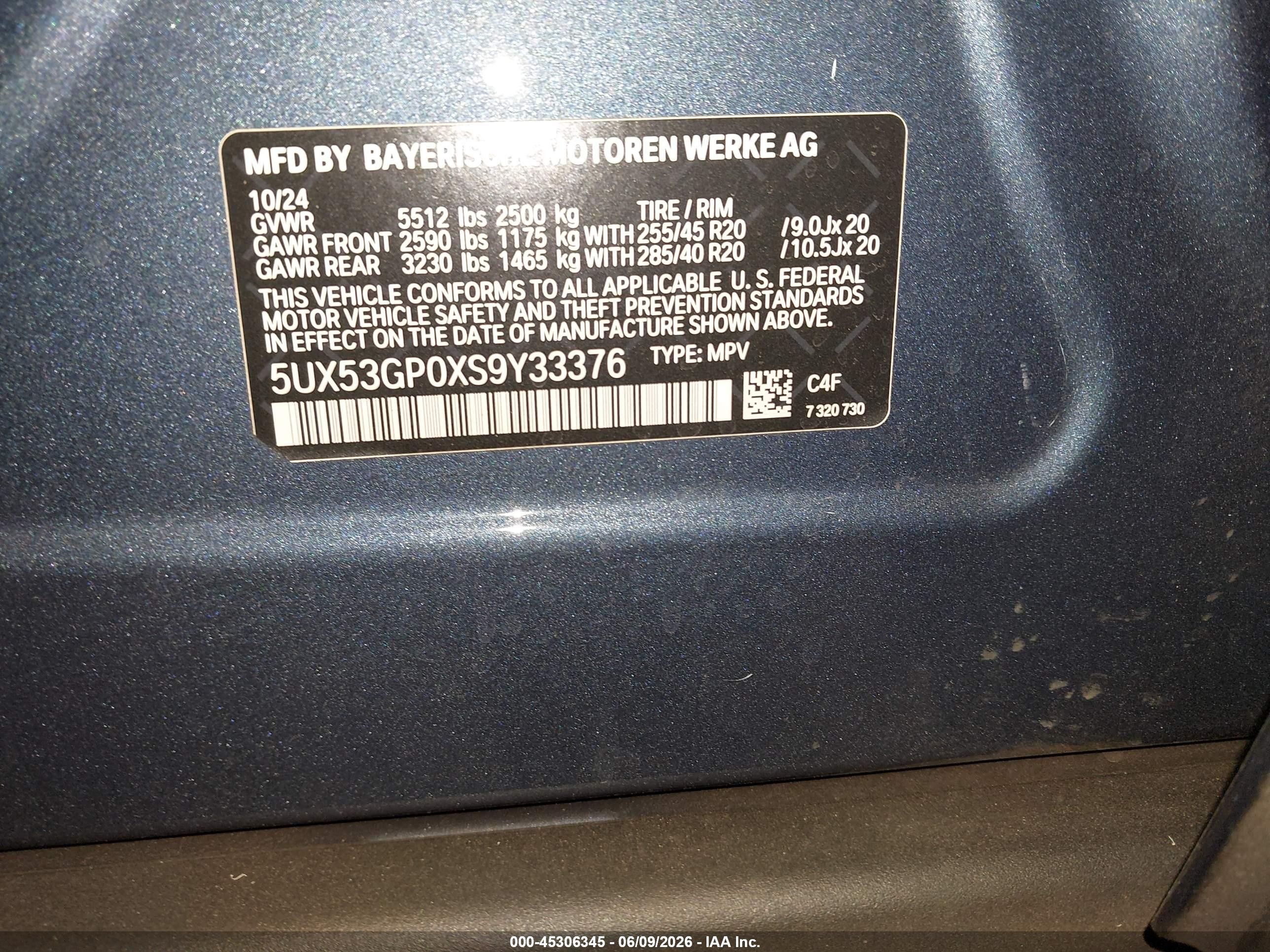 2025 BMW X3 VIN 5UX53GP0XS9Y33376 IAAI salvage auction — Rear End, Salvage (Arizona), sold $28,000 on 2026-07-11 (photo 9)