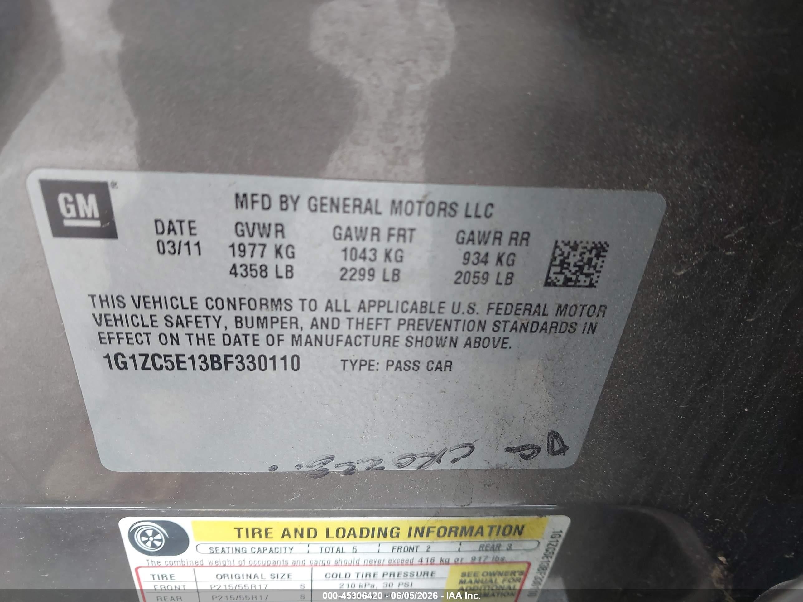 2011 Chevrolet Malibu VIN 1G1ZC5E13BF330110 IAAI salvage auction — Normal Wear, Salvage (California), sold $300 on 2026-07-09 (photo 9)