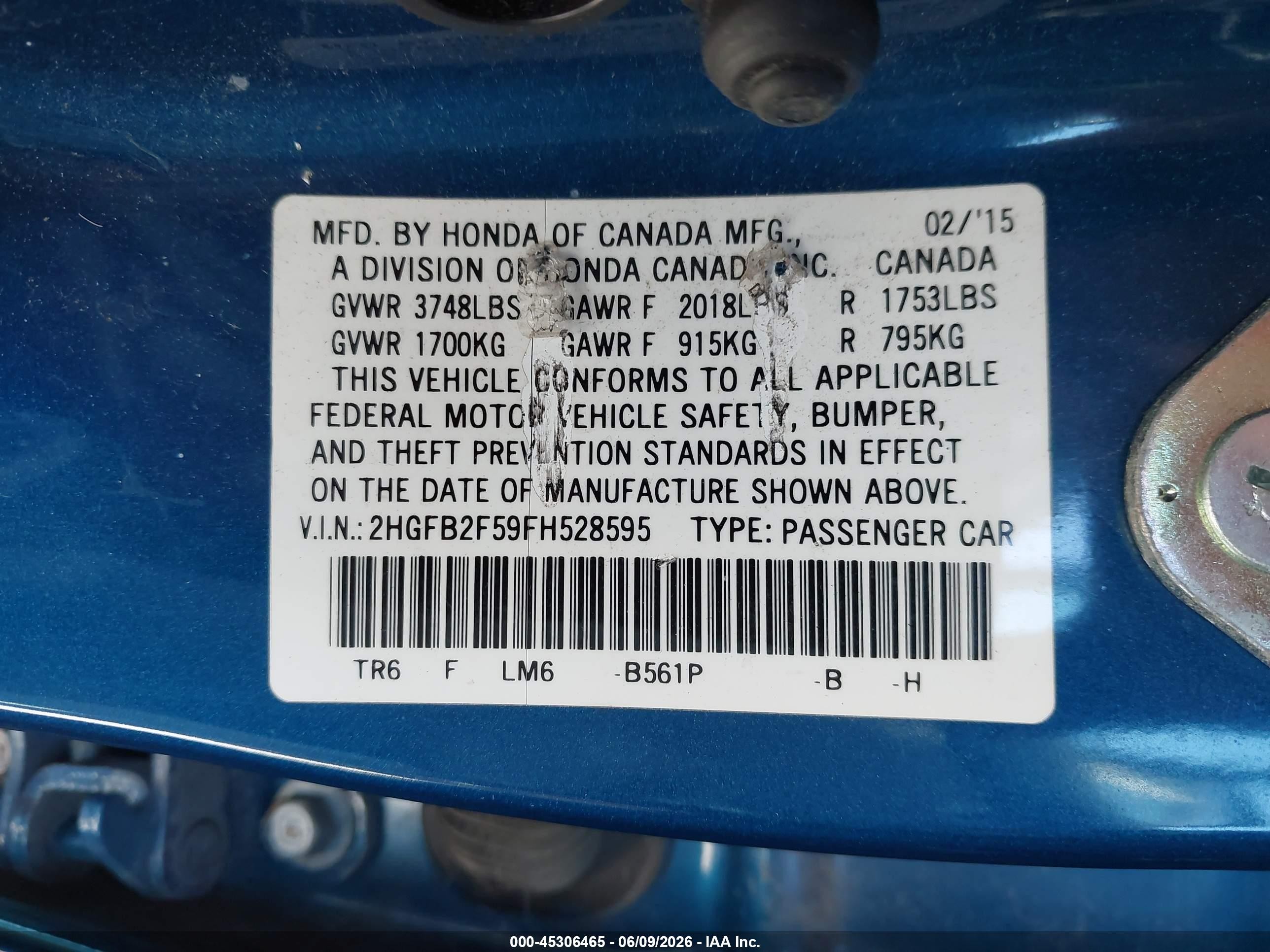 2015 Honda Civic VIN 2HGFB2F59FH528595 IAAI salvage auction — Rear End, Salvage (California), sold $1,750 on 2026-07-09 (photo 9)